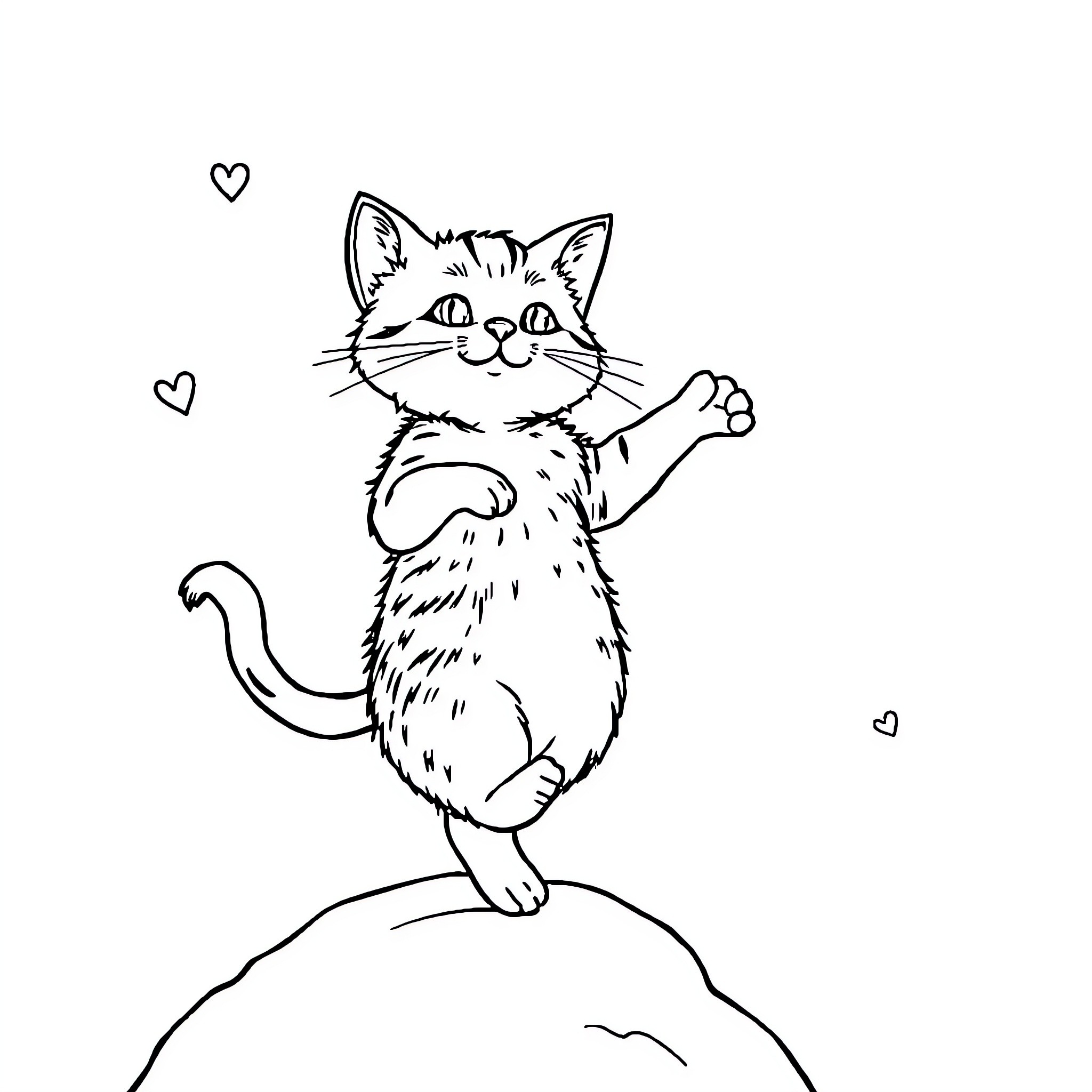 Cat waving happily on a hill Coloring Page (free black-and-white line drawing printable PDF for all, from beginners to advanced learners, including children, teens, adults, and seniors)