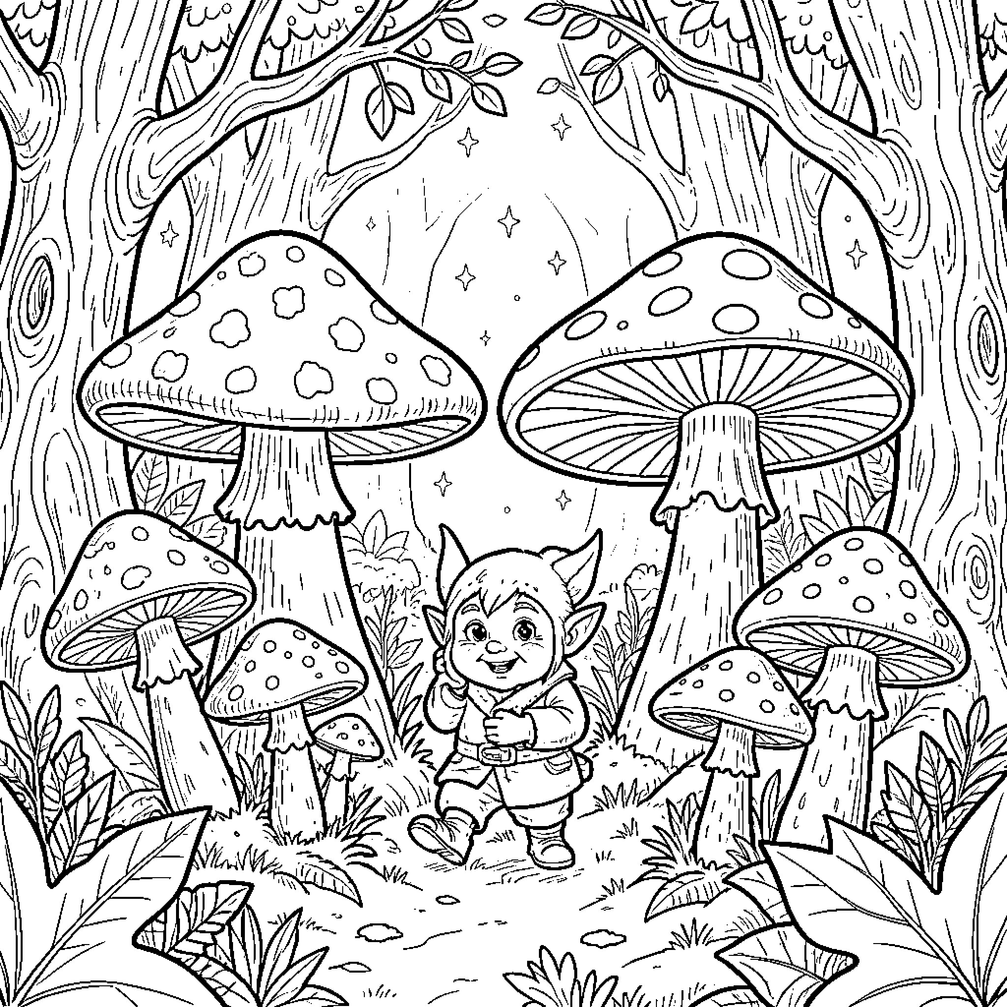 Goblin playing amidst mystical mushrooms in the forest Coloring Page (free black-and-white line drawing printable PDF for all, from beginners to advanced learners, including children, teens, adults, and seniors)