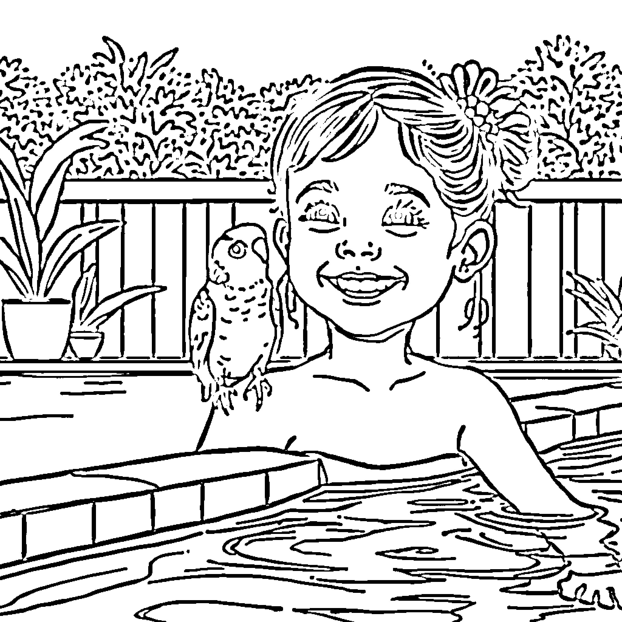 Girl enjoying pool party with pet Coloring Page (free black-and-white line drawing printable PDF for all, from beginners to advanced learners, including children, teens, adults, and seniors)
