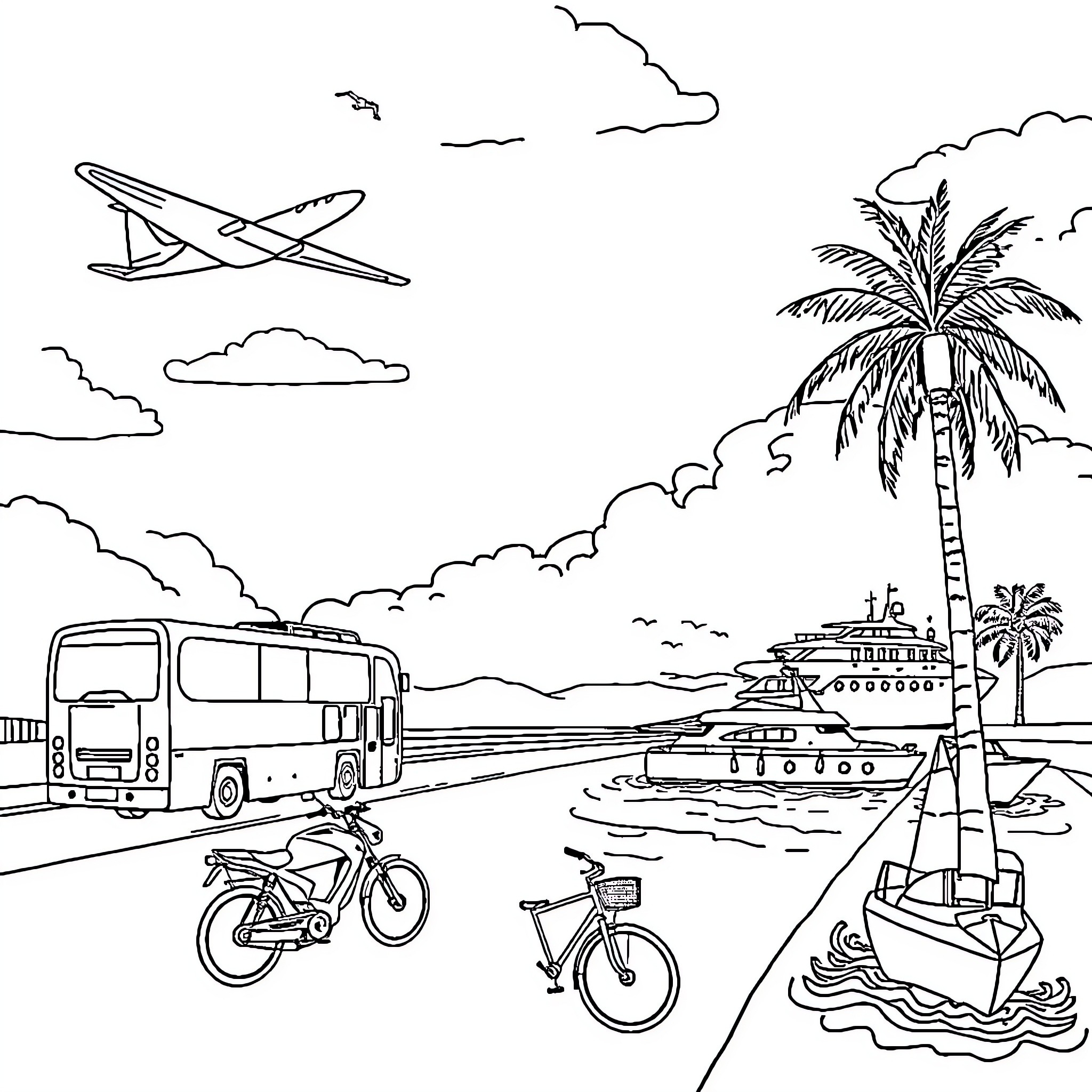 Vehicle in tropical seaside vacation scene Coloring Page (free black-and-white line drawing printable PDF for all, from beginners to advanced learners, including children, teens, adults, and seniors)