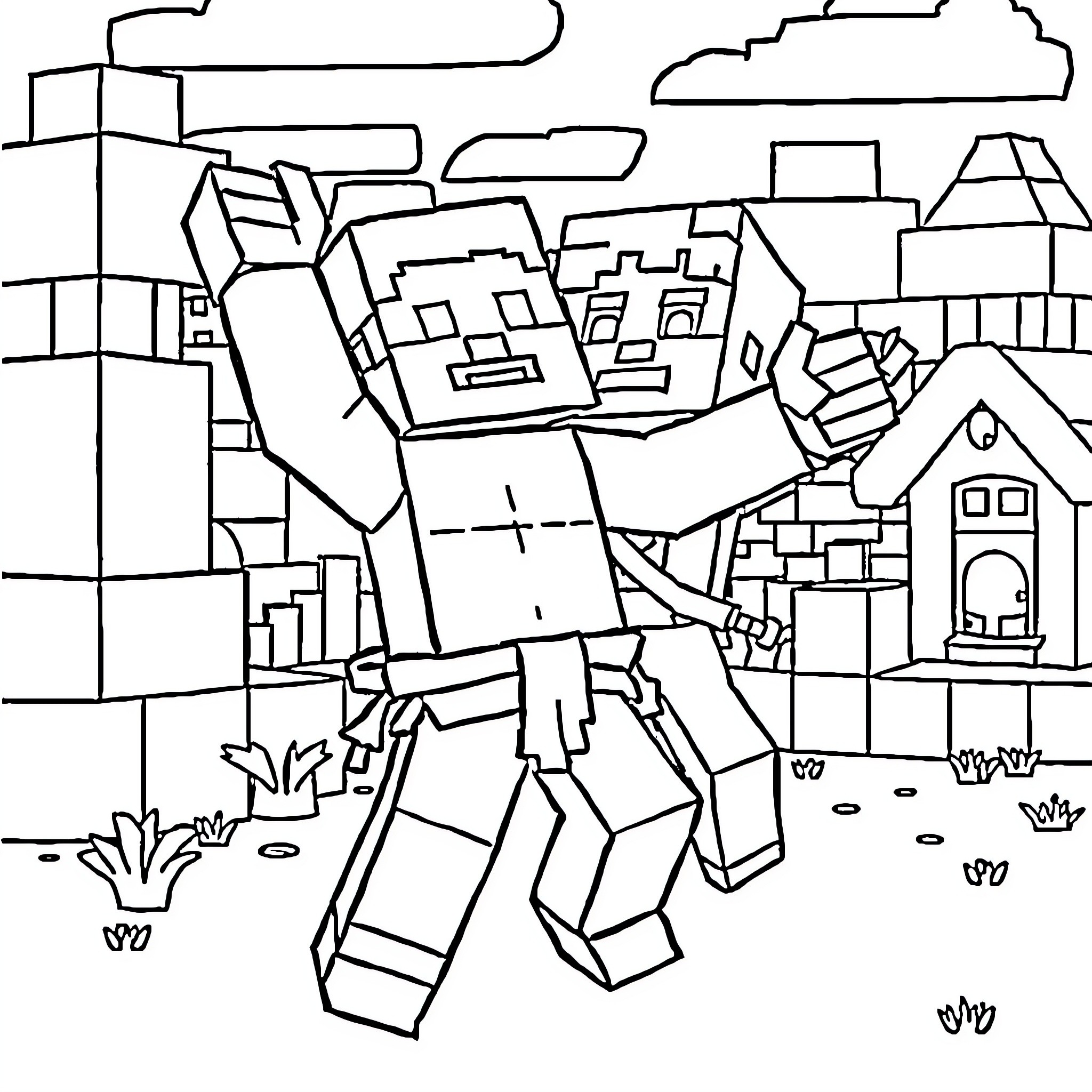 Steve's Minecraft Adventure in the Village Coloring Page (free black-and-white line drawing printable PDF for all, from beginners to advanced learners, including children, teens, adults, and seniors)