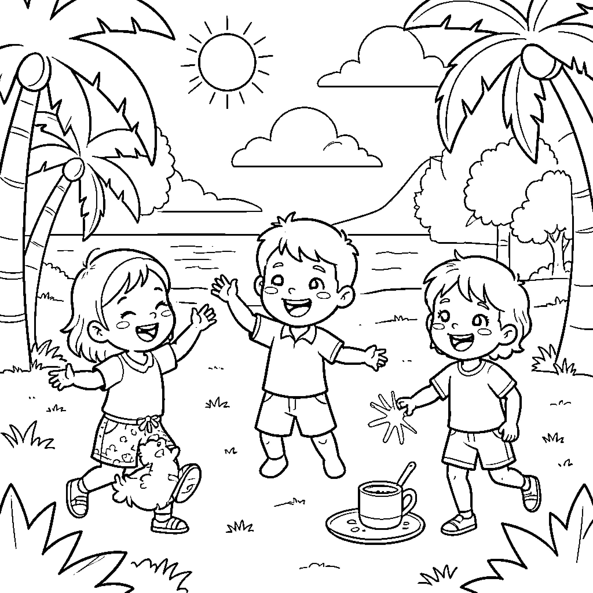 Child playing joyfully with friends on a tropical beach Coloring Page (free black-and-white line drawing printable PDF for all, from beginners to advanced learners, including children, teens, adults, and seniors)