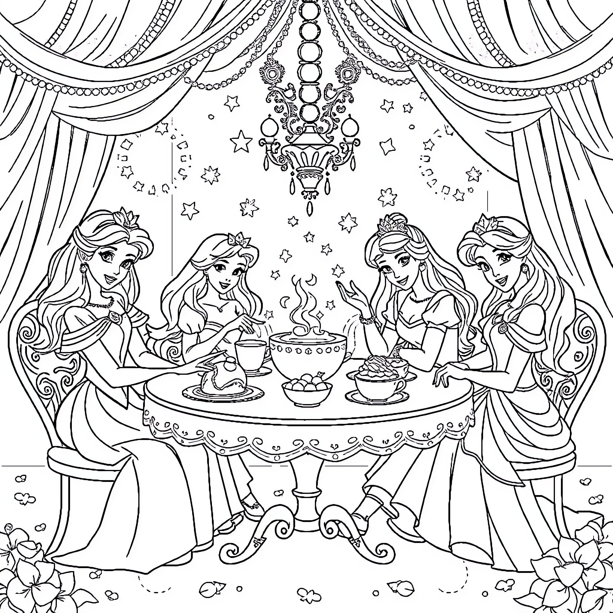 Princess Tea Party with Friends in Magical Setting Coloring Page (free black-and-white line drawing printable PDF for all, from beginners to advanced learners, including children, teens, adults, and seniors)