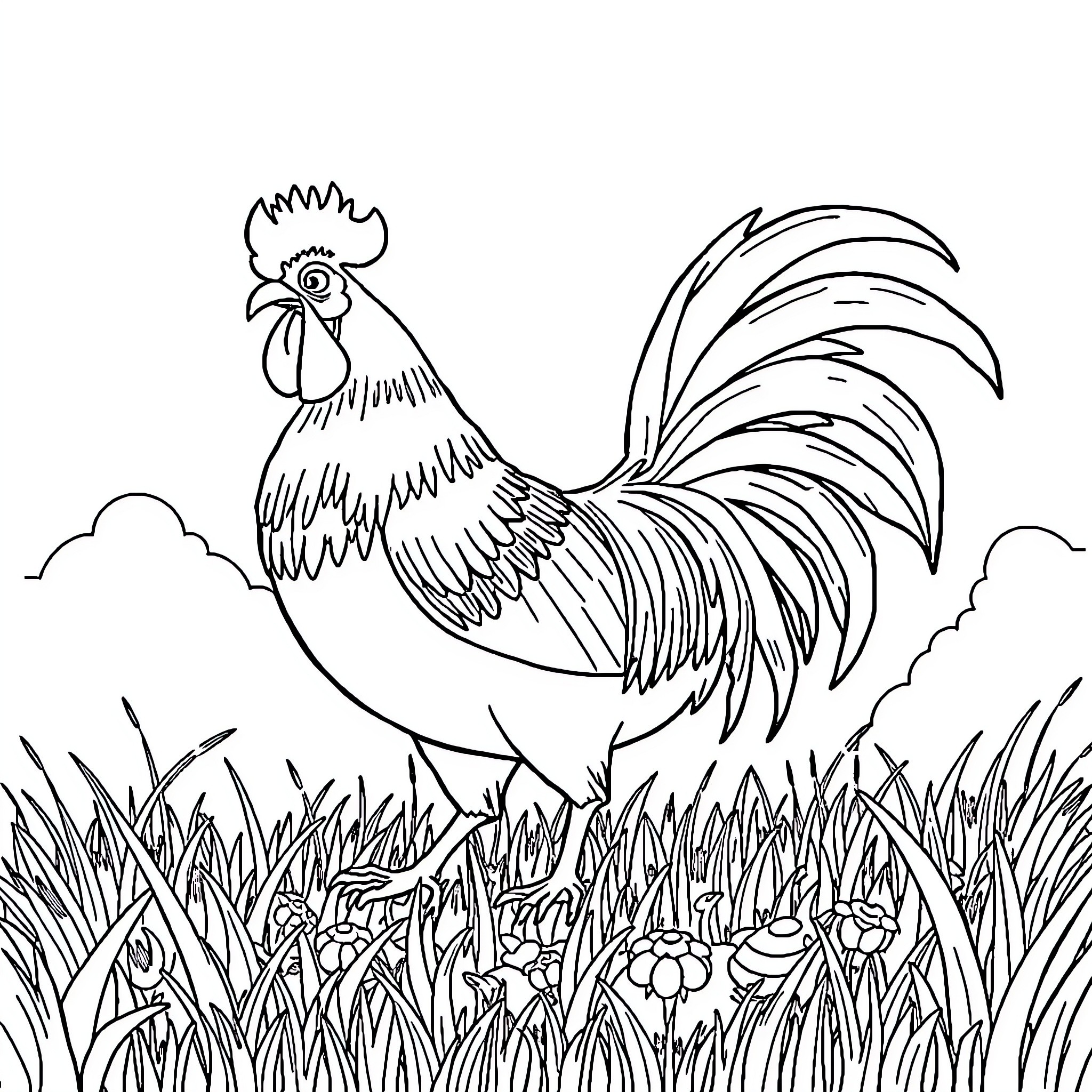Rooster crowing in a lush meadow Coloring Page (free black-and-white line drawing printable PDF for all, from beginners to advanced learners, including children, teens, adults, and seniors)