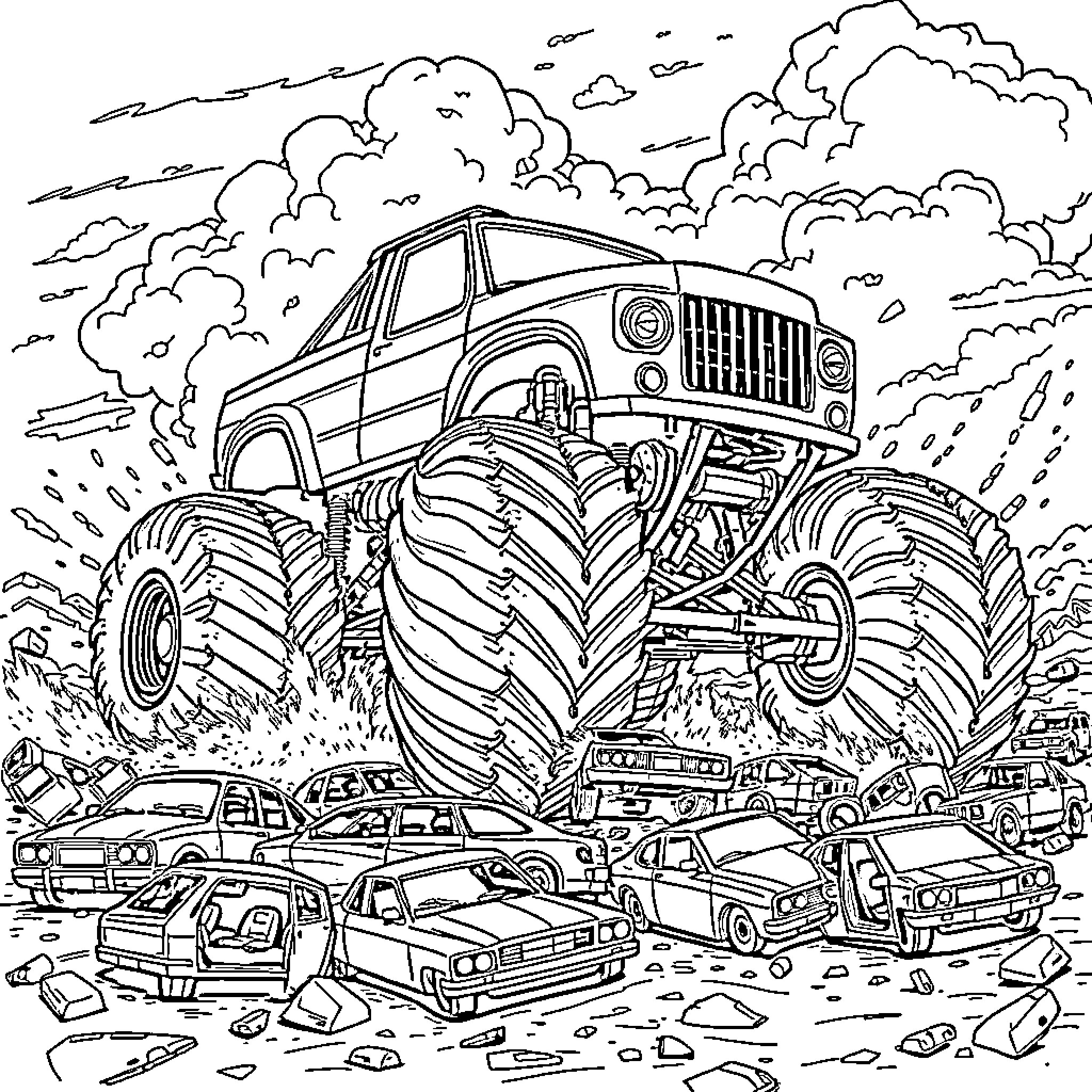 Monster Truck Crushing Cars in the Junkyard Coloring Page (free black-and-white line drawing printable PDF for all, from beginners to advanced learners, including children, teens, adults, and seniors)