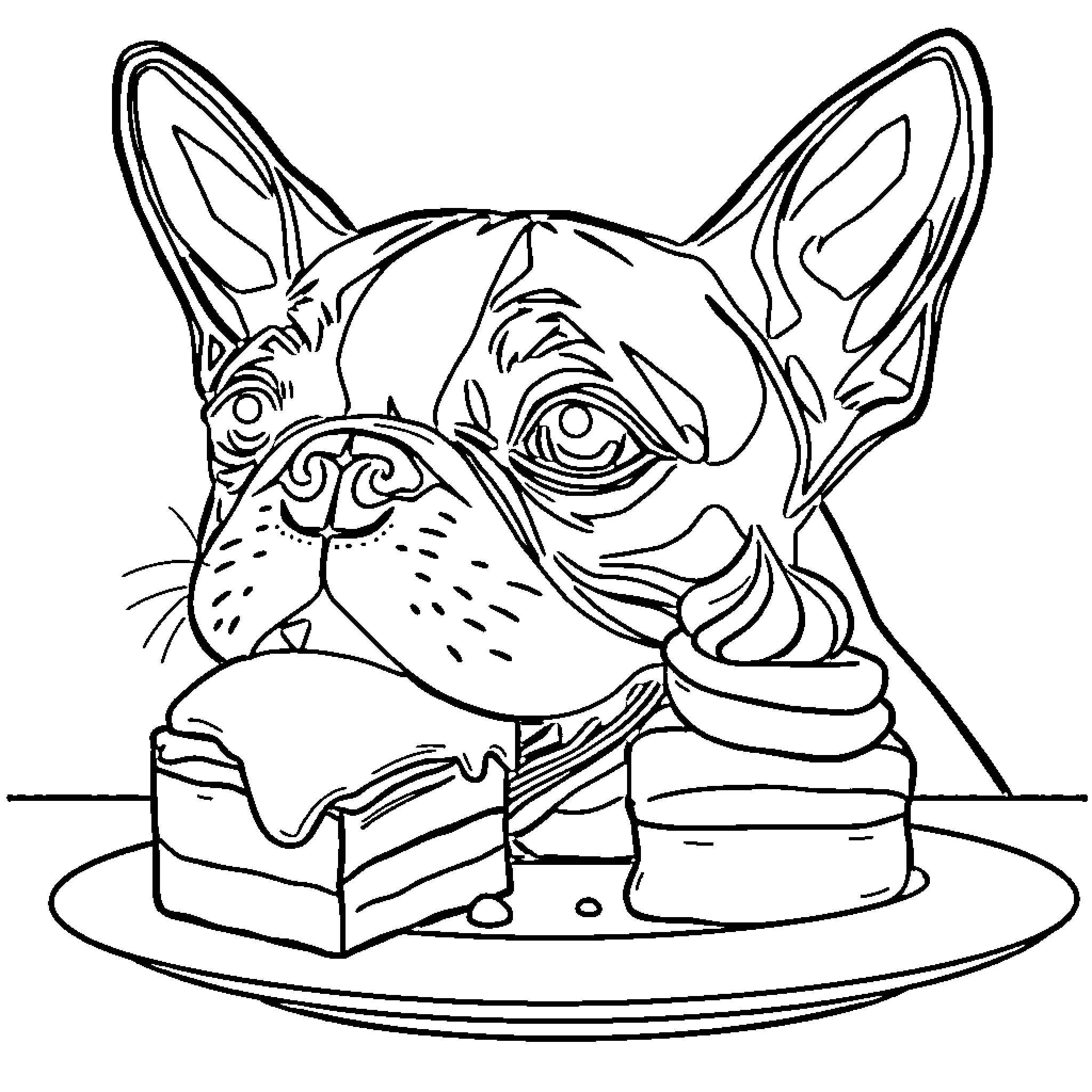 Boston Terrier enjoying sweet treats Coloring Page (free black-and-white line drawing printable PDF for all, from beginners to advanced learners, including children, teens, adults, and seniors)