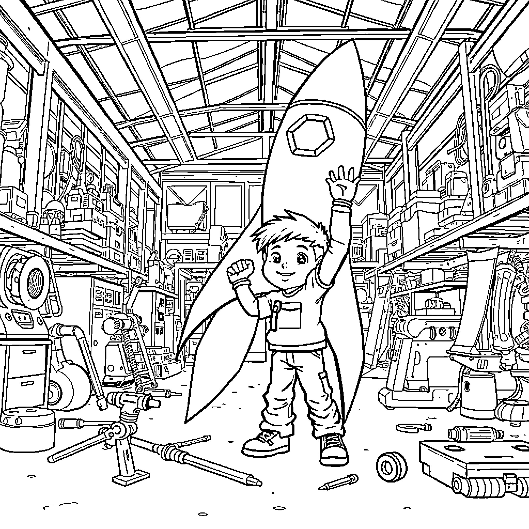 Boy exploring a cluttered workshop filled with gadgets and tools Coloring Page (free black-and-white line drawing printable PDF for all, from beginners to advanced learners, including children, teens, adults, and seniors)