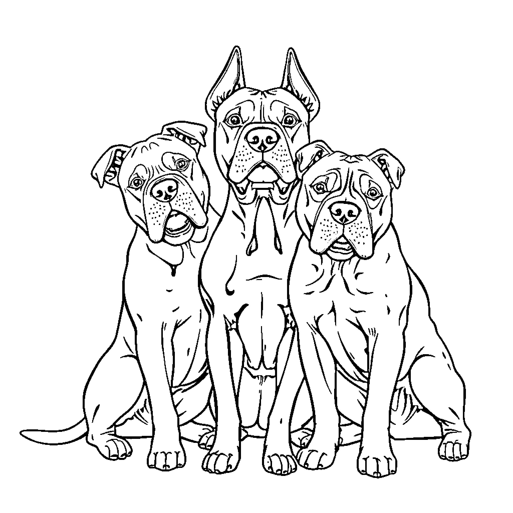 Dog friends sitting together happily Coloring Page (free black-and-white line drawing printable PDF for all, from beginners to advanced learners, including children, teens, adults, and seniors)