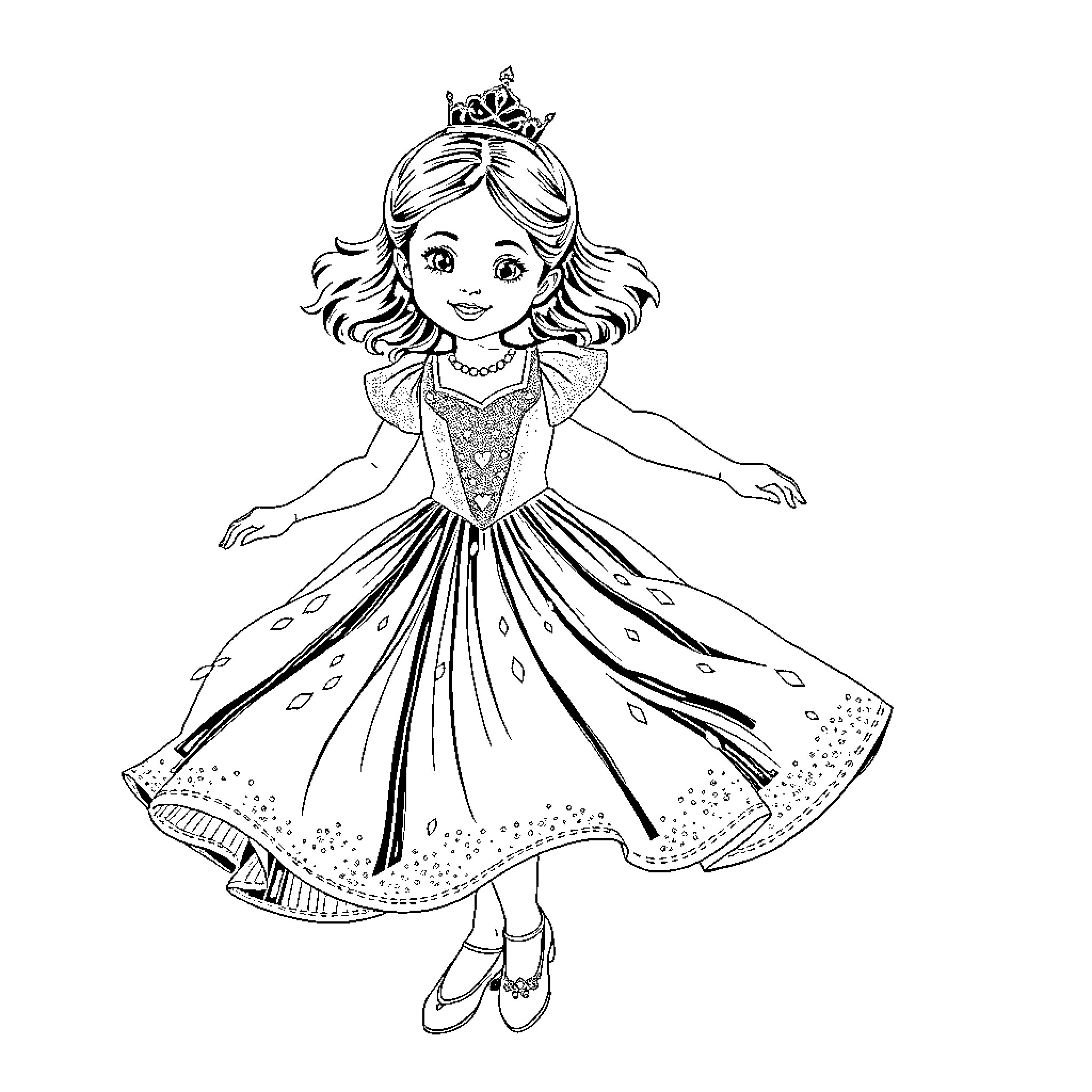 Princess in Sparkling Dress Dancing Joyfully Coloring Page (free black-and-white line drawing printable PDF for all, from beginners to advanced learners, including children, teens, adults, and seniors)