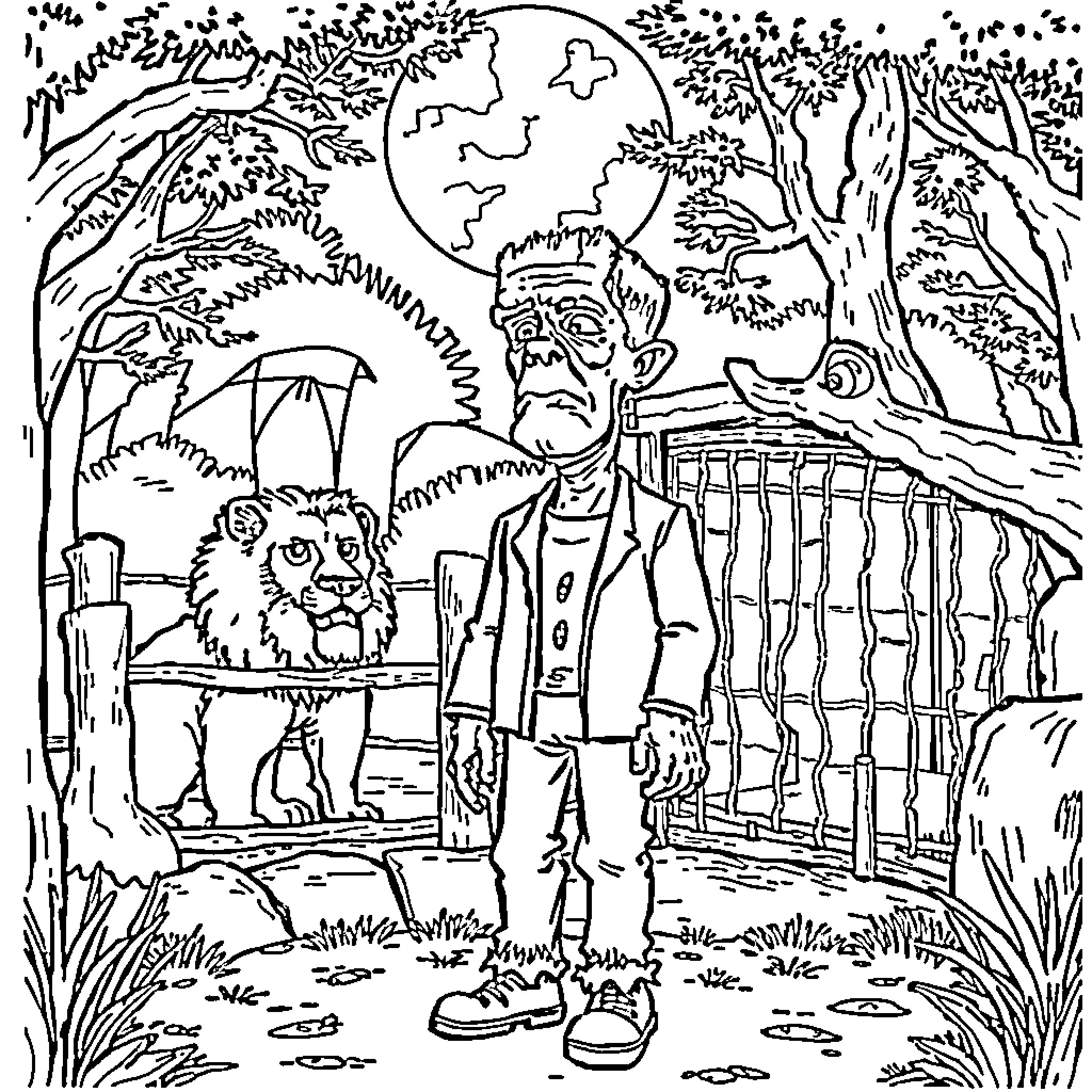 Frankenstein's Monster Explores the Enchanted Forest Coloring Page (free black-and-white line drawing printable PDF for all, from beginners to advanced learners, including children, teens, adults, and seniors)