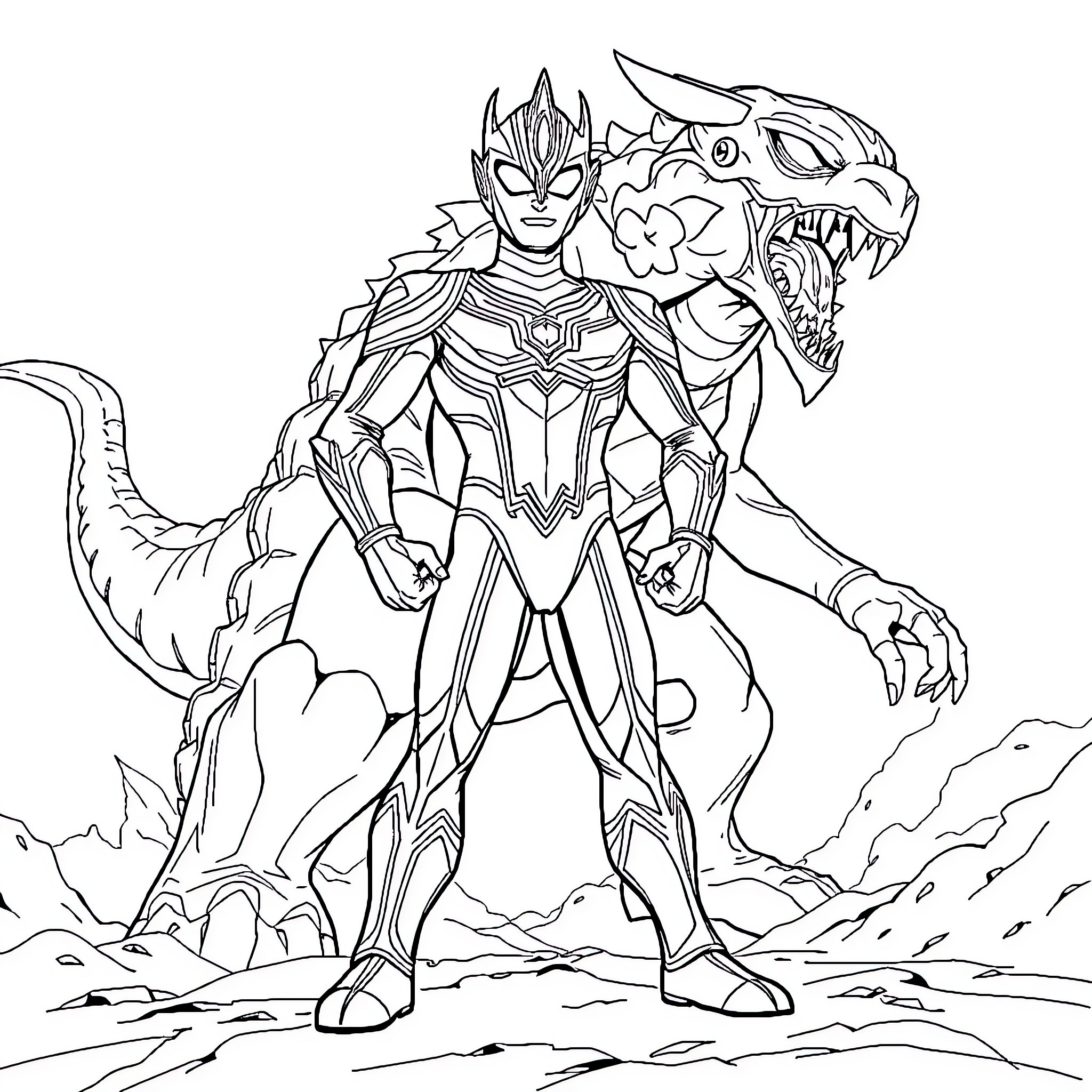 Ultraman Combating Fierce Alien Creature Coloring Page (free black-and-white line drawing printable PDF for all, from beginners to advanced learners, including children, teens, adults, and seniors)