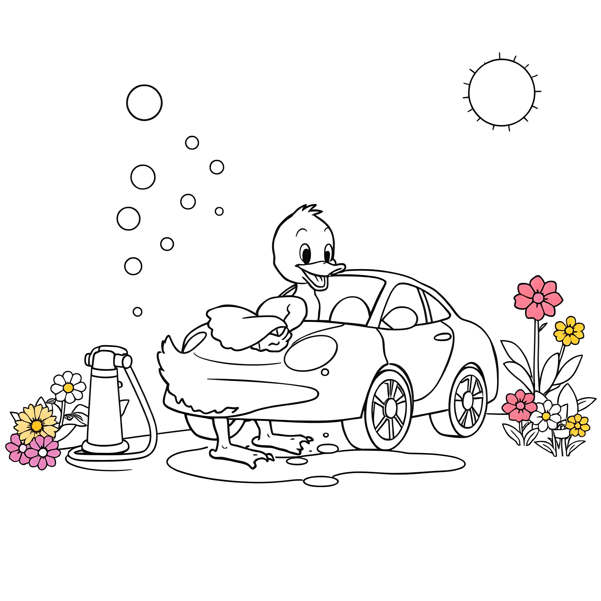 Duck washing a car with bubbles and flowers Coloring Page (free black-and-white line drawing printable PDF for all, from beginners to advanced learners, including children, teens, adults, and seniors)