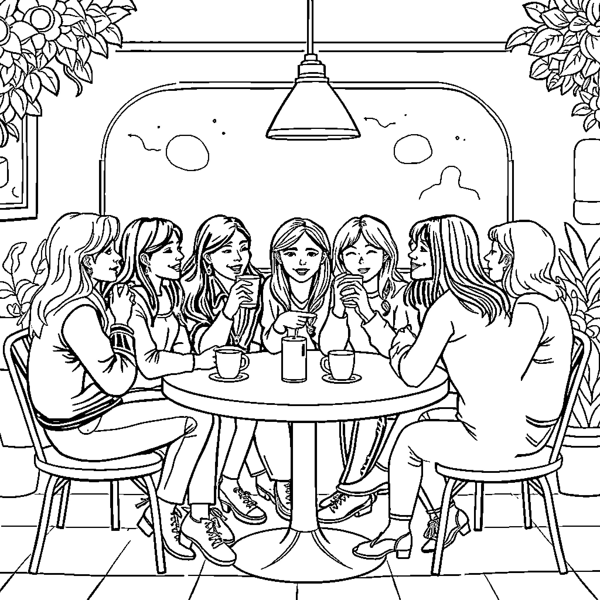 Grupo de jovens amigos conversando em um café Coloring Page (free black-and-white line drawing printable PDF for all, from beginners to advanced learners, including children, teens, adults, and seniors)