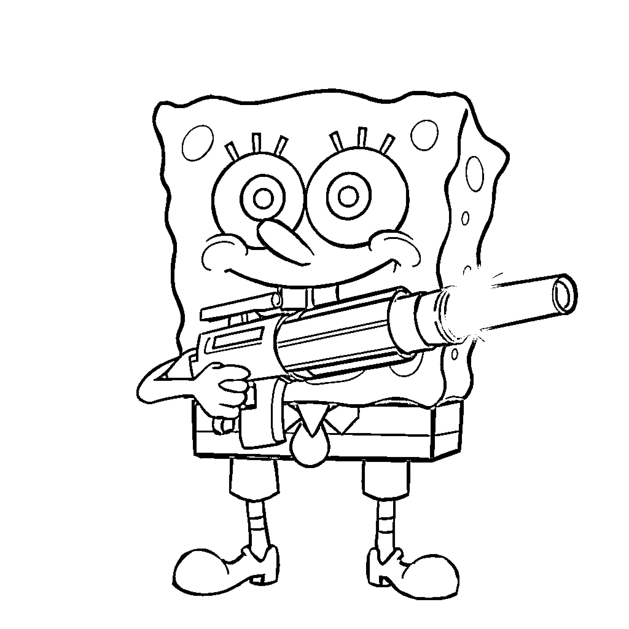 Spongebob holding a large weapon Coloring Page (free black-and-white line drawing printable PDF for all, from beginners to advanced learners, including children, teens, adults, and seniors)