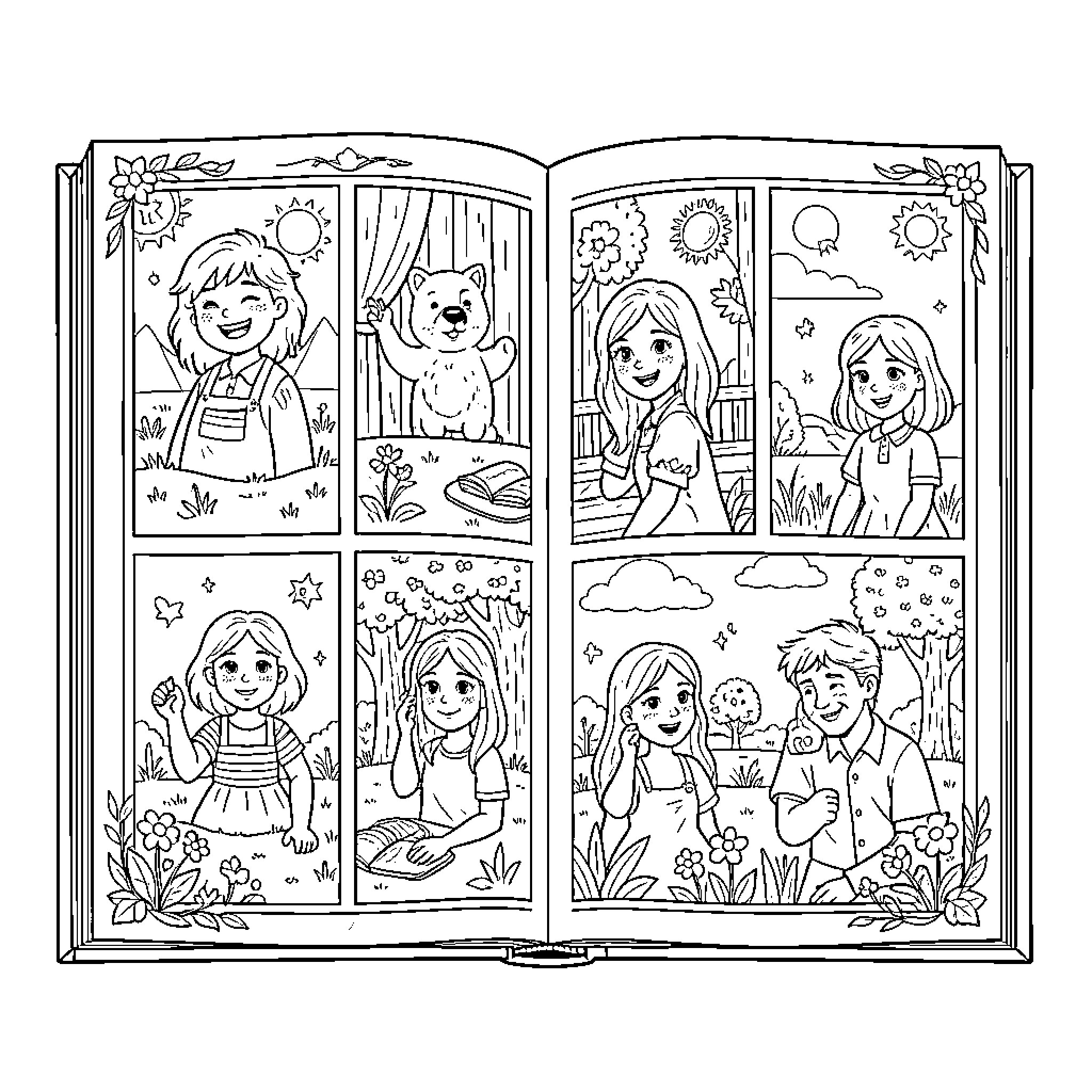 Book of Imagination and Adventure Coloring Page (free black-and-white line drawing printable PDF for all, from beginners to advanced learners, including children, teens, adults, and seniors)
