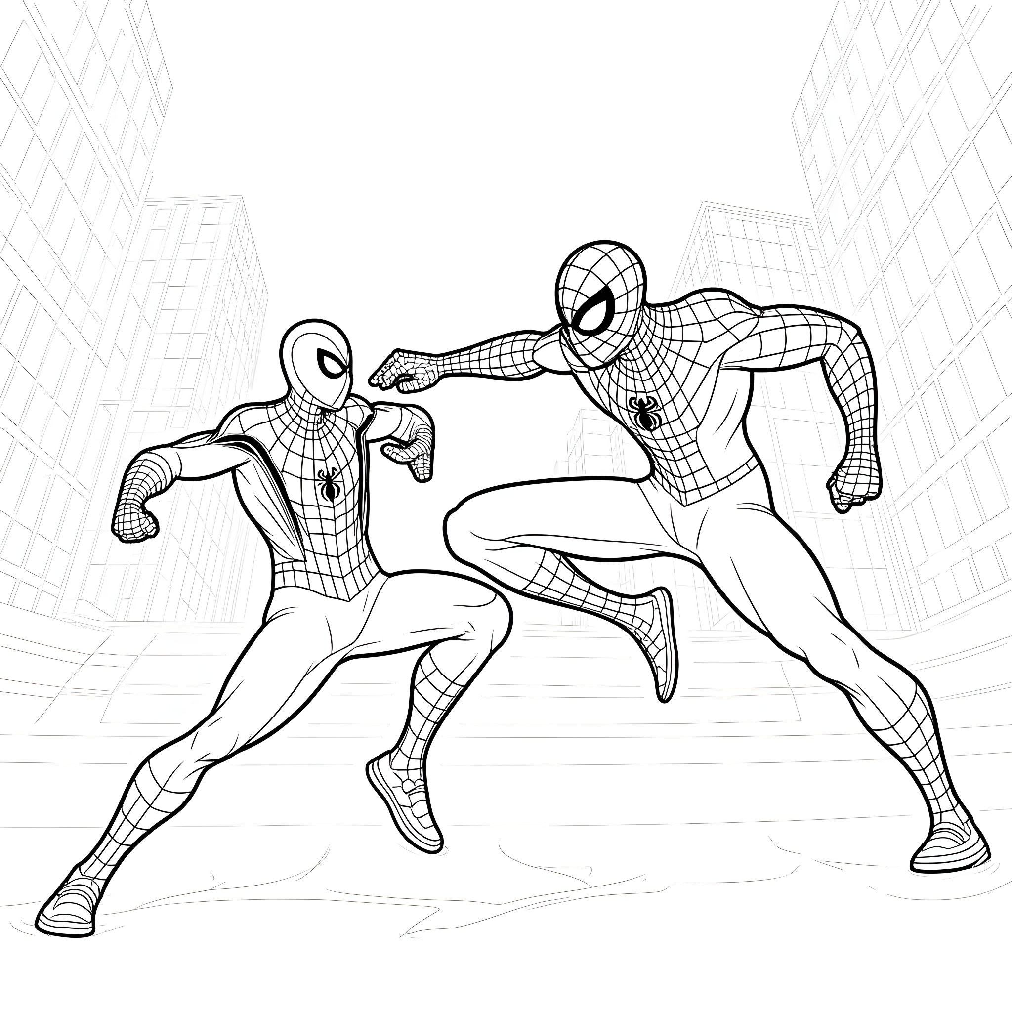 Spiderman heroes in action in the city Coloring Page (free black-and-white line drawing printable PDF for all, from beginners to advanced learners, including children, teens, adults, and seniors)