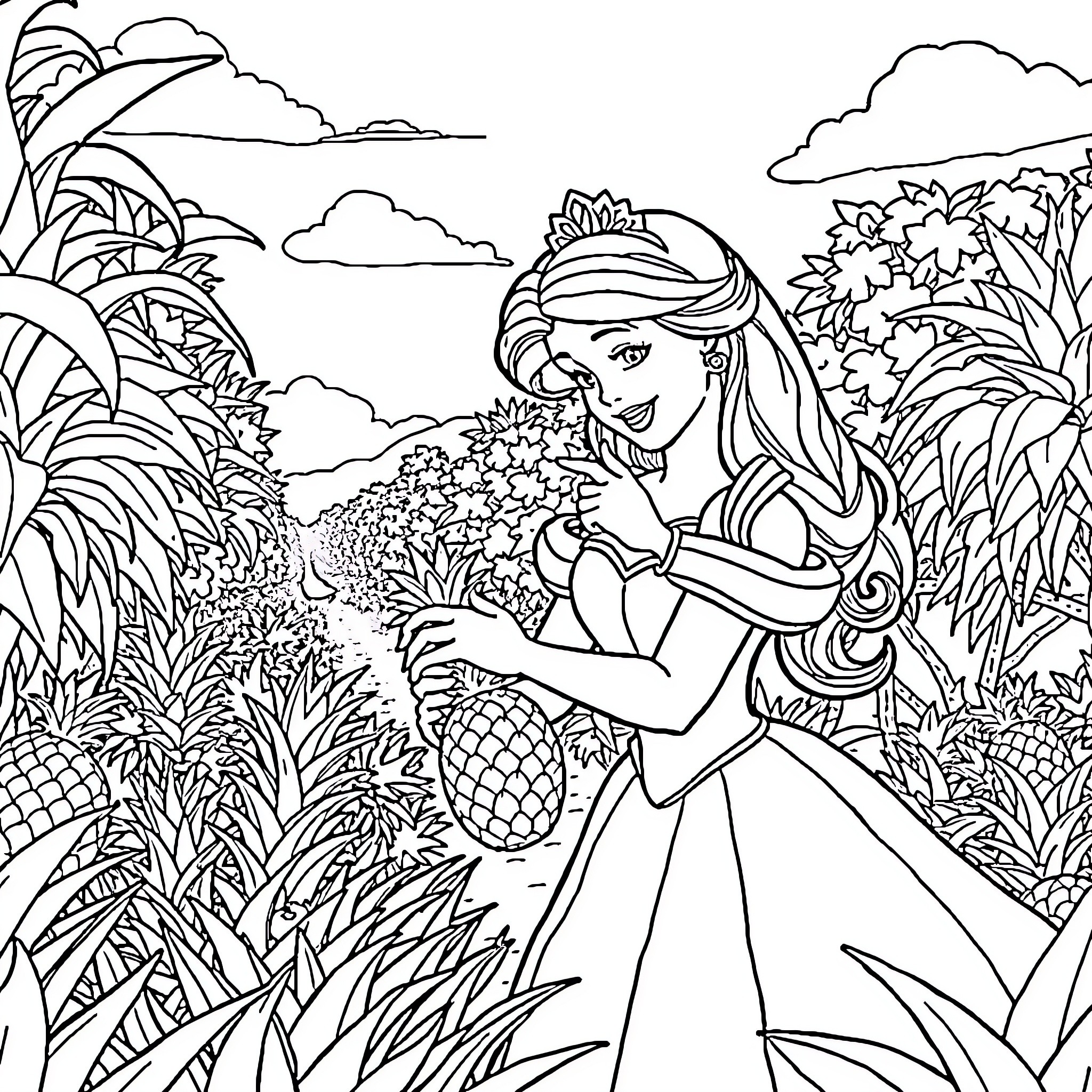 Princess Enjoys Nature's Beauty in Lush Surroundings Coloring Page (free black-and-white line drawing printable PDF for all, from beginners to advanced learners, including children, teens, adults, and seniors)
