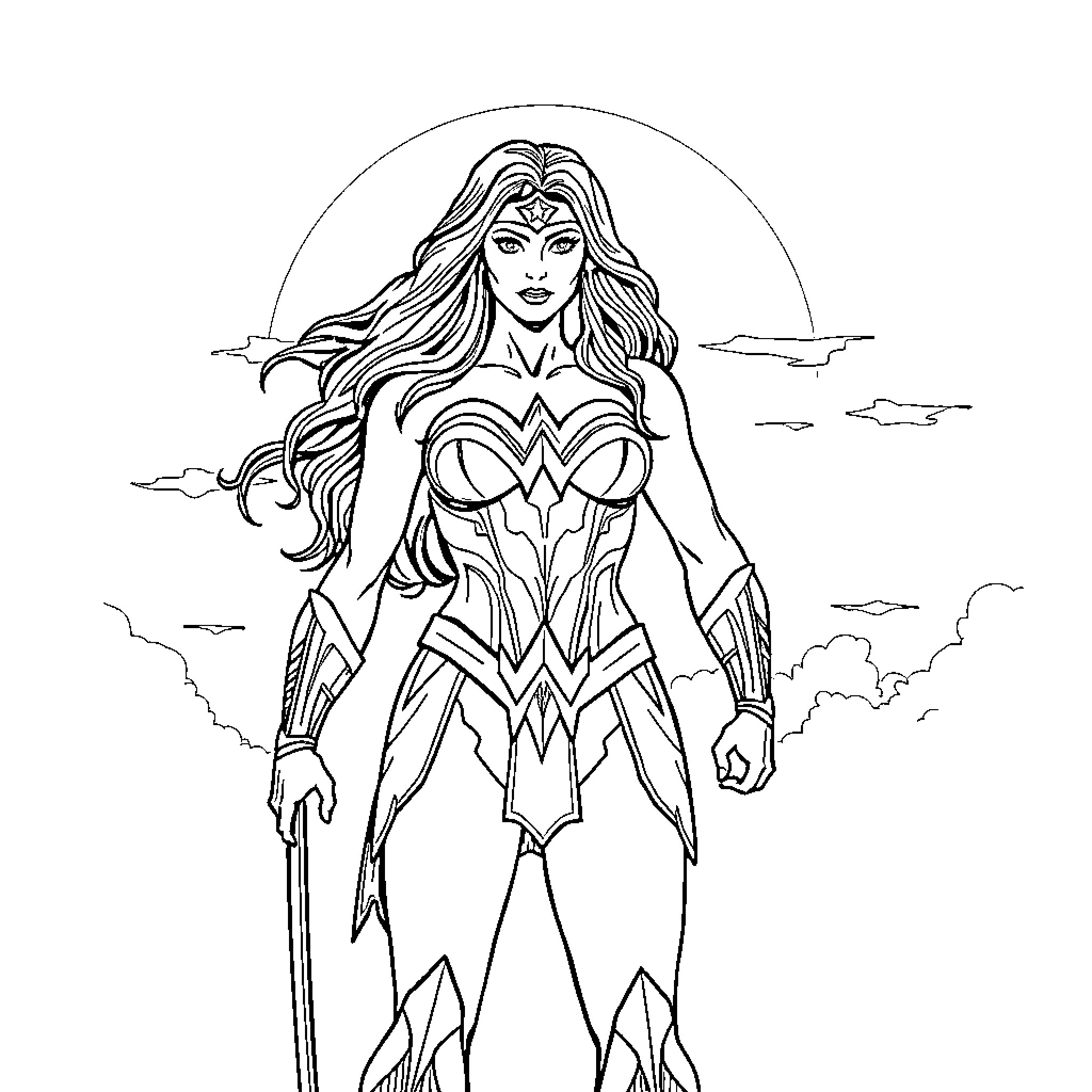 Wonder Woman heroically stands ready for action Coloring Page (free black-and-white line drawing printable PDF for all, from beginners to advanced learners, including children, teens, adults, and seniors)