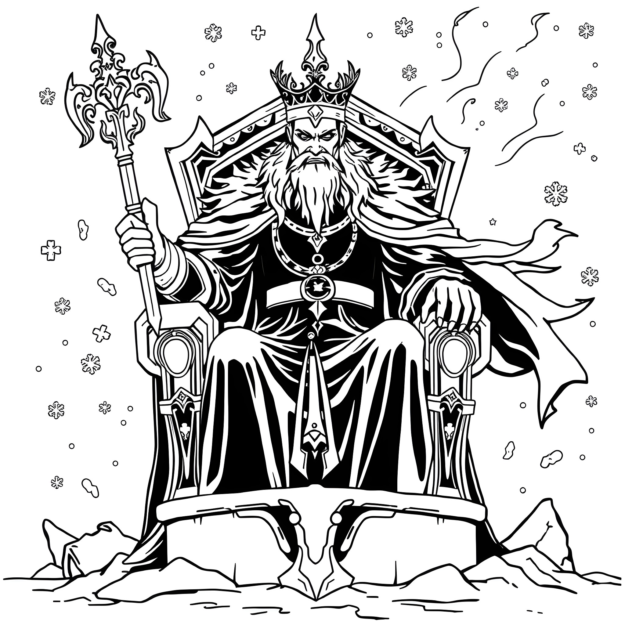 Lord of the Frozen Throne Holding Mighty Scepter Coloring Page (free black-and-white line drawing printable PDF for all, from beginners to advanced learners, including children, teens, adults, and seniors)
