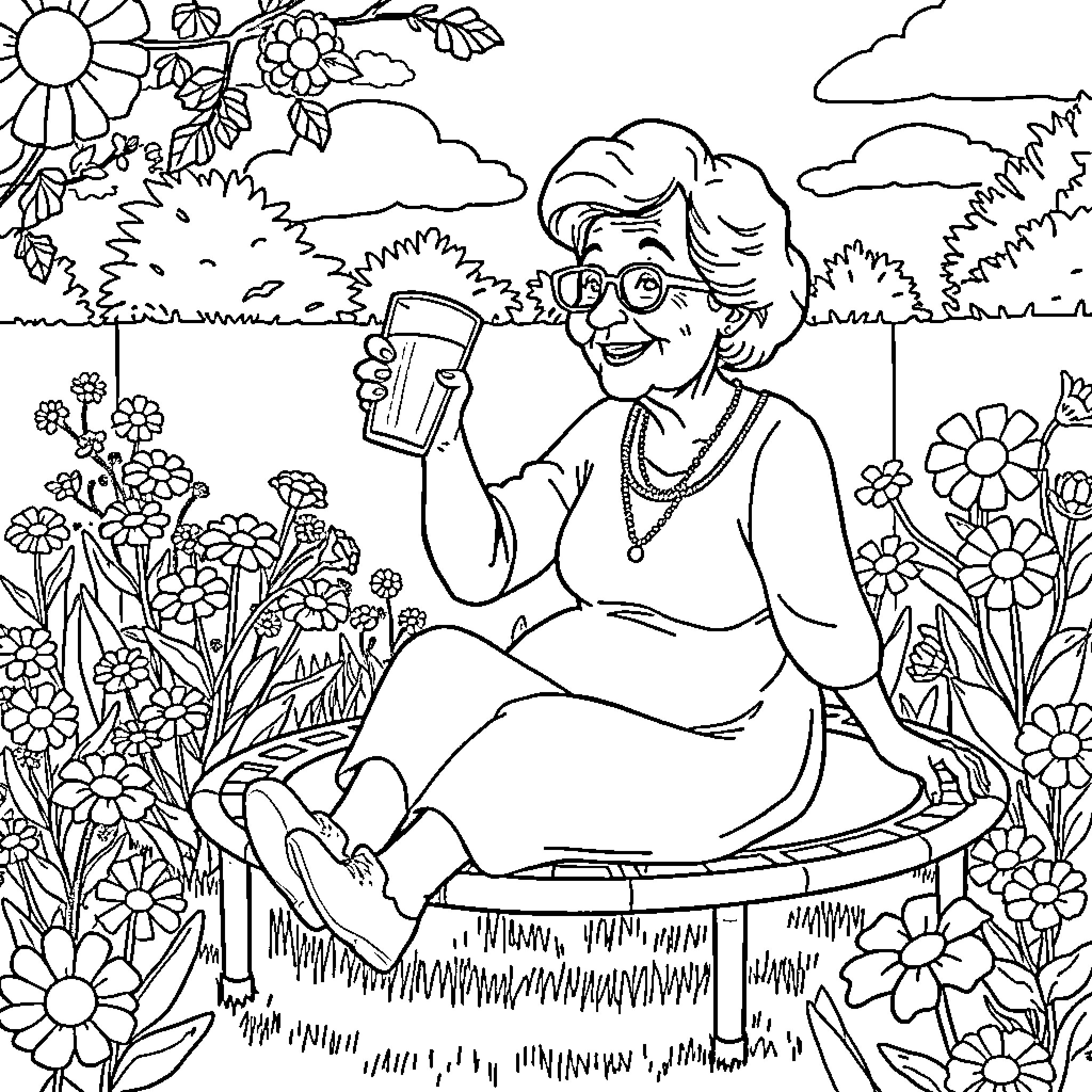 Grandma enjoying a sunny day in the garden Coloring Page (free black-and-white line drawing printable PDF for all, from beginners to advanced learners, including children, teens, adults, and seniors)
