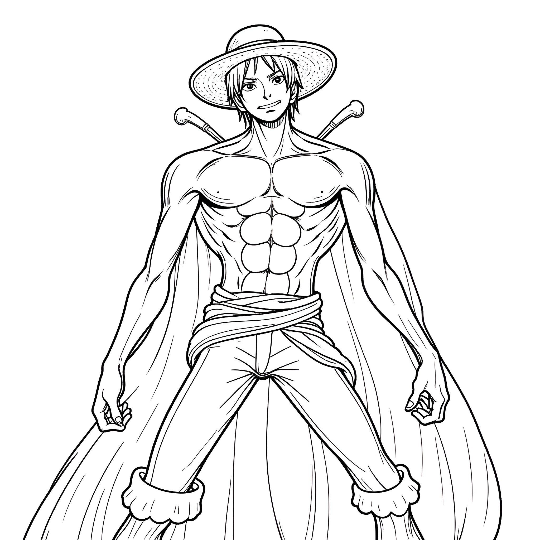 One Piece - Muscular Anime Character in Adventurous Outfit Coloring Page (free black-and-white line drawing printable PDF for all, from beginners to advanced learners, including children, teens, adults, and seniors)