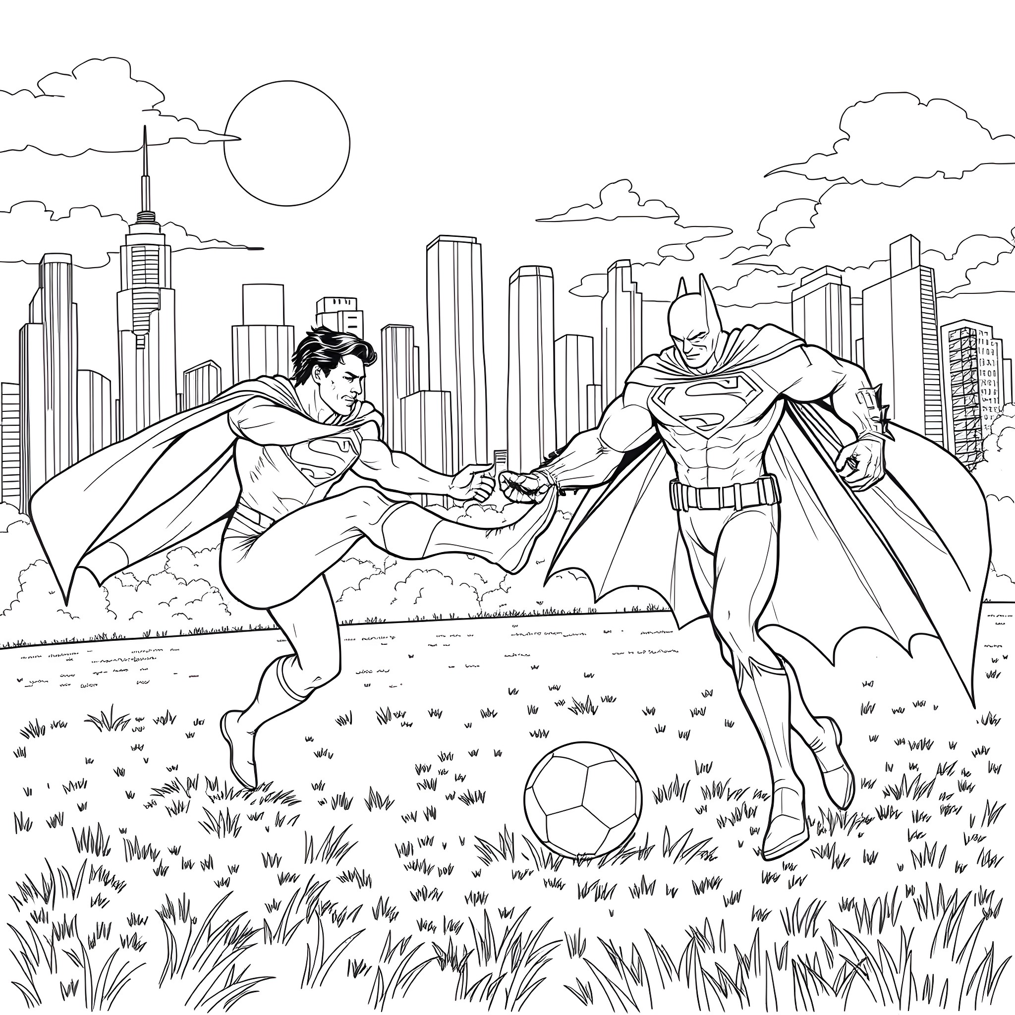 Superman and Batman playing soccer in the city Coloring Page (free black-and-white line drawing printable PDF for all, from beginners to advanced learners, including children, teens, adults, and seniors)