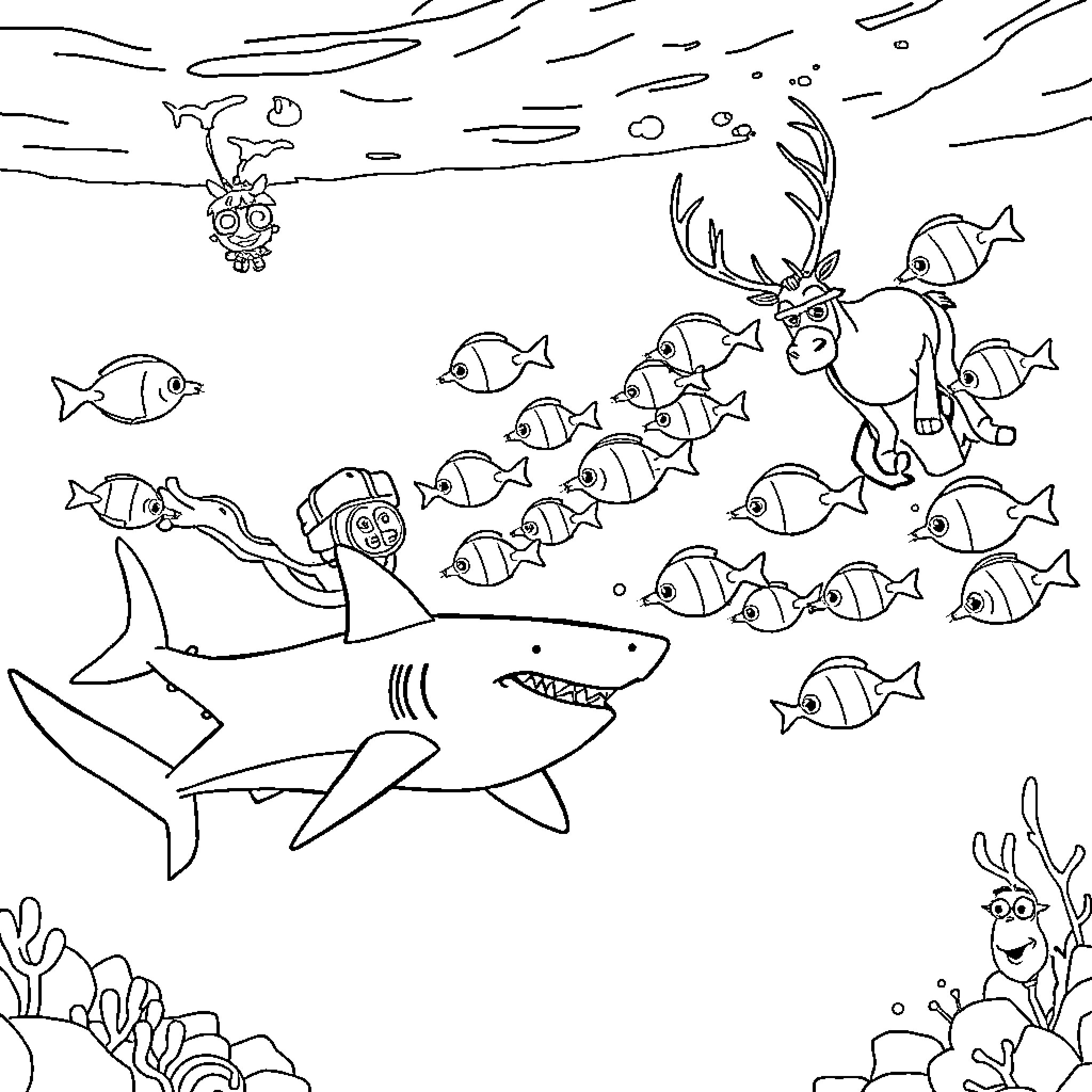 Kristoff's Underwater Adventure with Sea Creatures Coloring Page (free black-and-white line drawing printable PDF for all, from beginners to advanced learners, including children, teens, adults, and seniors)