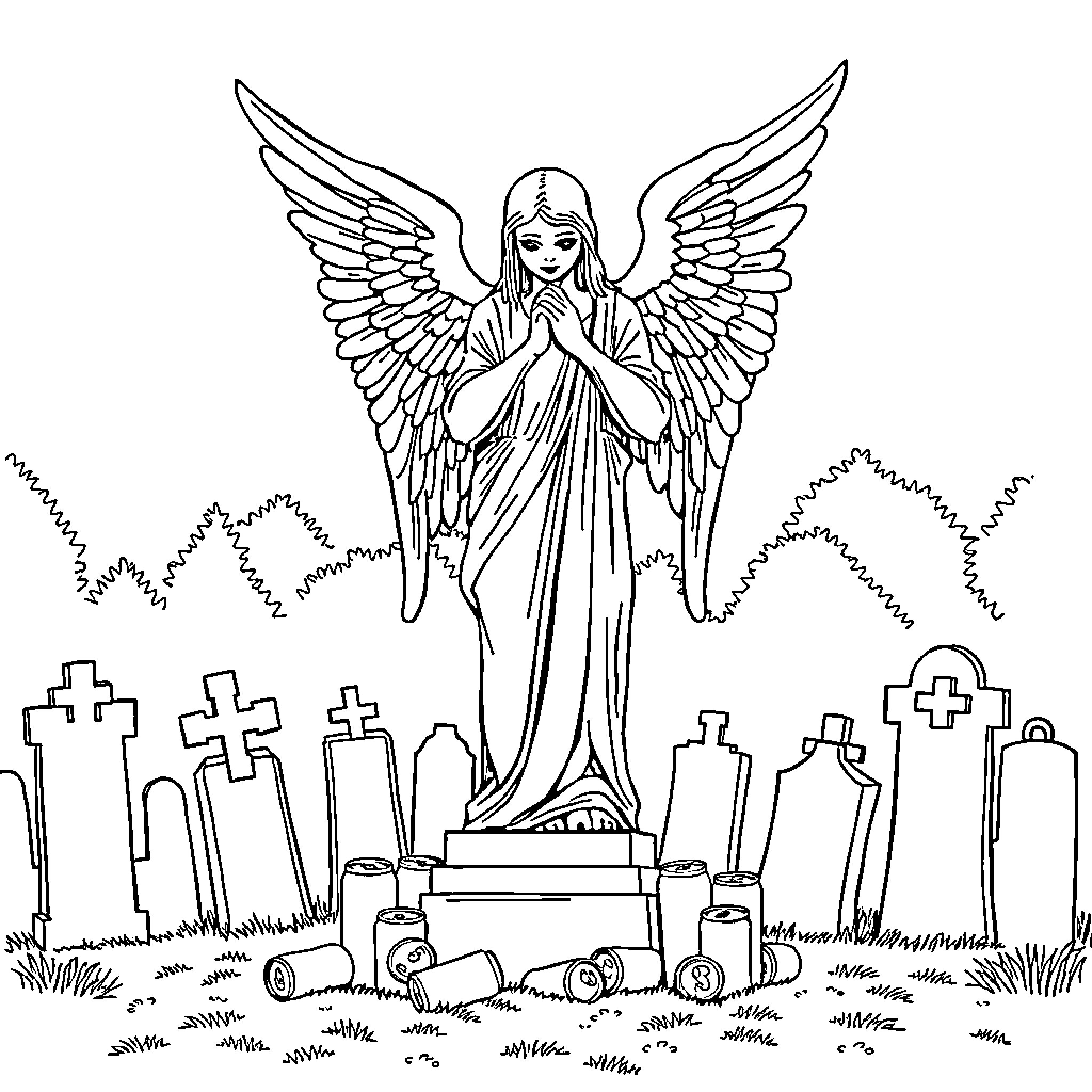 Angel of Compassion in the Cemetery Coloring Page (free black-and-white line drawing printable PDF for all, from beginners to advanced learners, including children, teens, adults, and seniors)