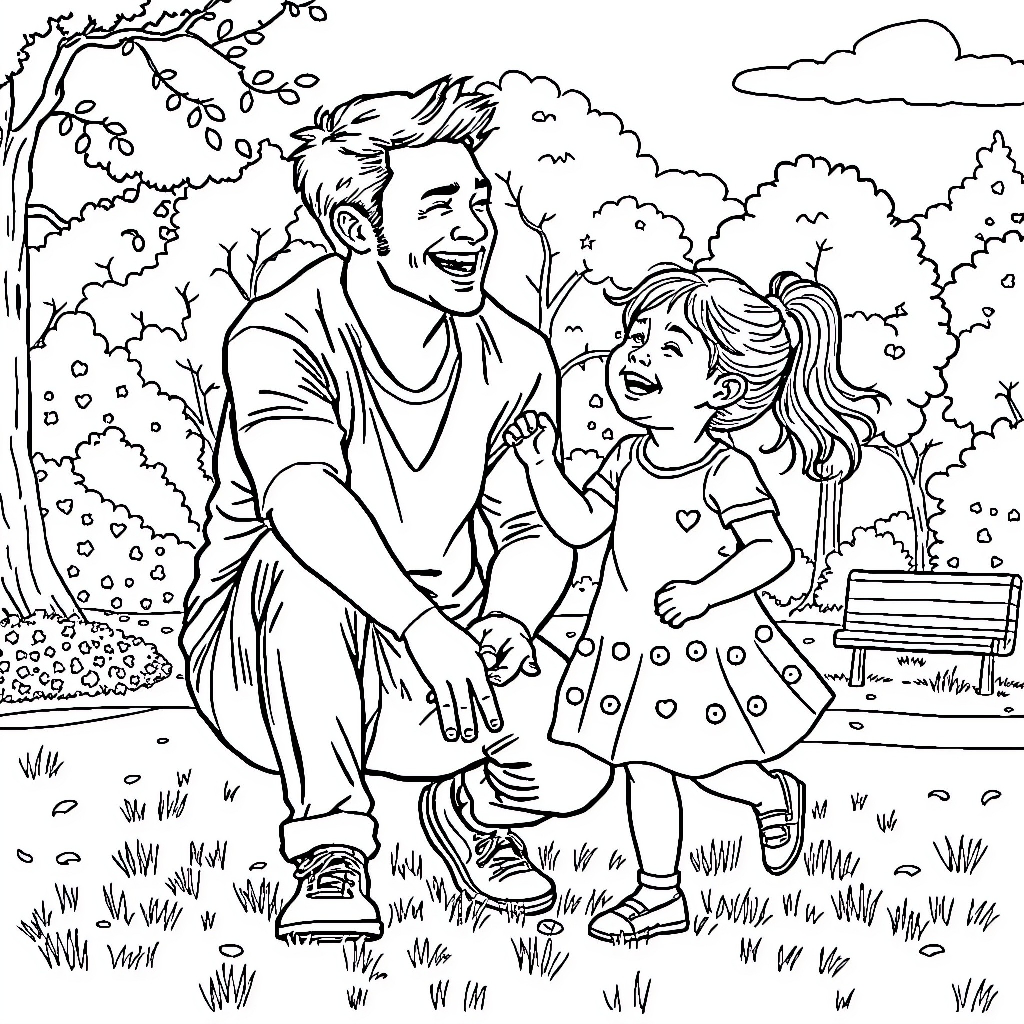 Dad and daughter enjoying nature together Coloring Page (free black-and-white line drawing printable PDF for all, from beginners to advanced learners, including children, teens, adults, and seniors)