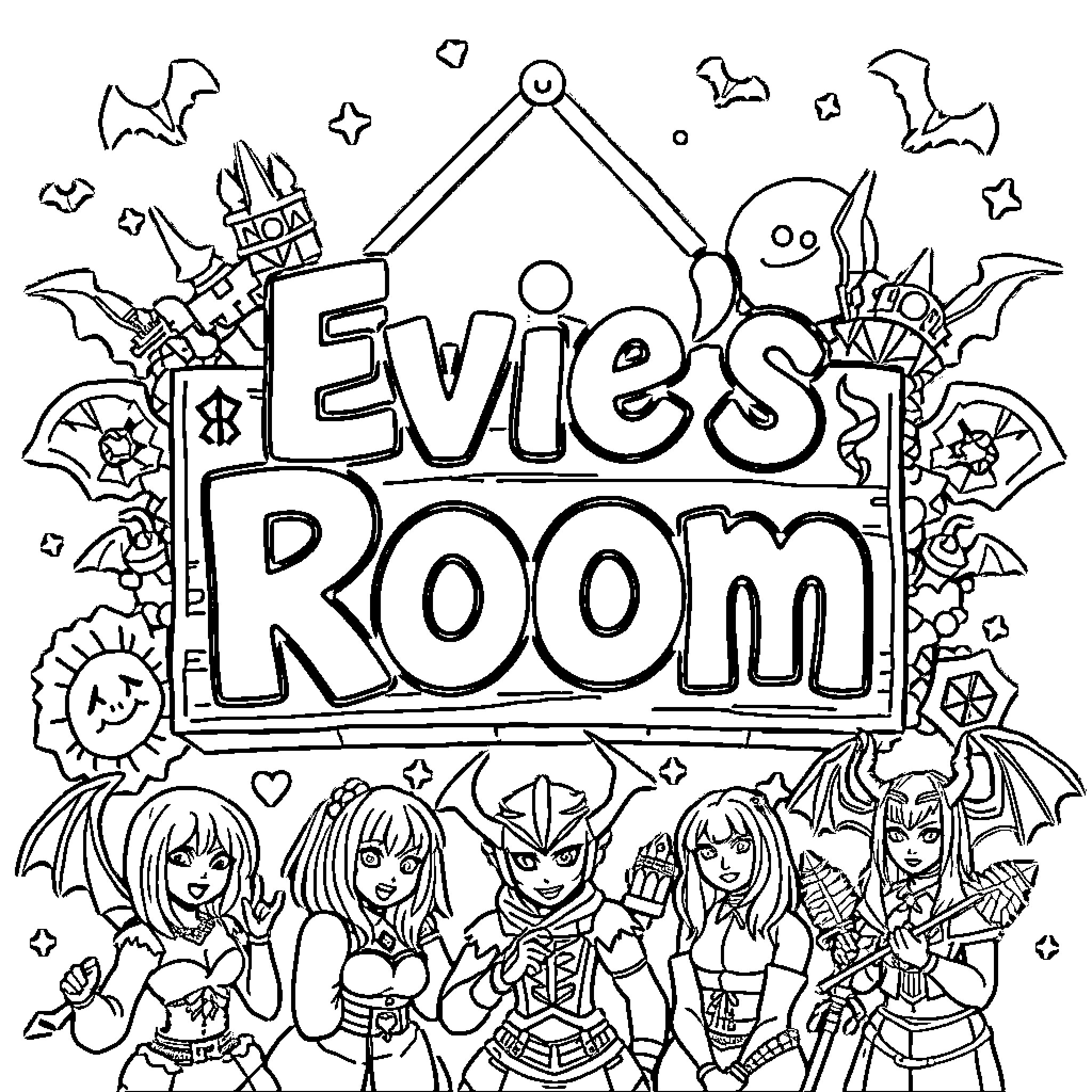 Demon Hunter's Spooky Adventure in Evie's Room Coloring Page (free black-and-white line drawing printable PDF for all, from beginners to advanced learners, including children, teens, adults, and seniors)