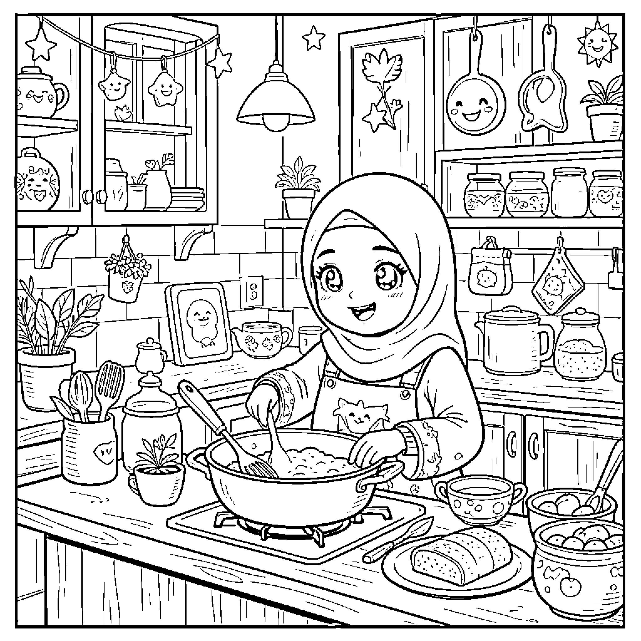 Muslim Girl cooking delicious food in the kitchen Coloring Page (free black-and-white line drawing printable PDF for all, from beginners to advanced learners, including children, teens, adults, and seniors)