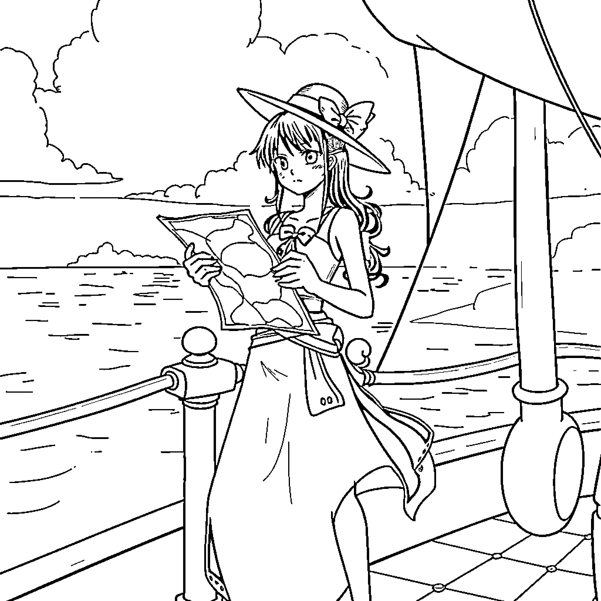 Nami enjoying a book on a ship at sea Coloring Page (free black-and-white line drawing printable PDF for all, from beginners to advanced learners, including children, teens, adults, and seniors)