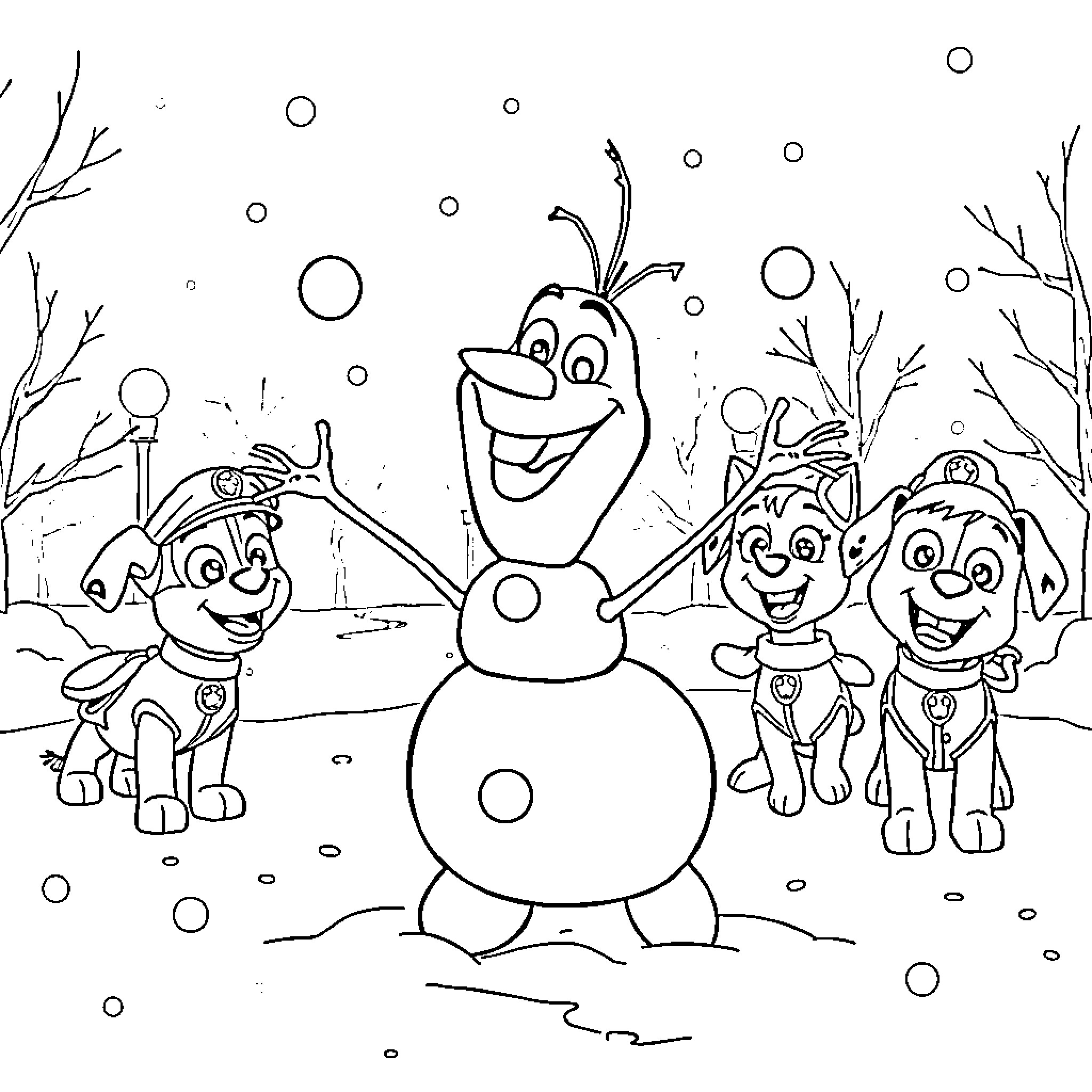 Olaf's Snowy Adventure with Paw Patrol Pups Coloring Page (free black-and-white line drawing printable PDF for all, from beginners to advanced learners, including children, teens, adults, and seniors)
