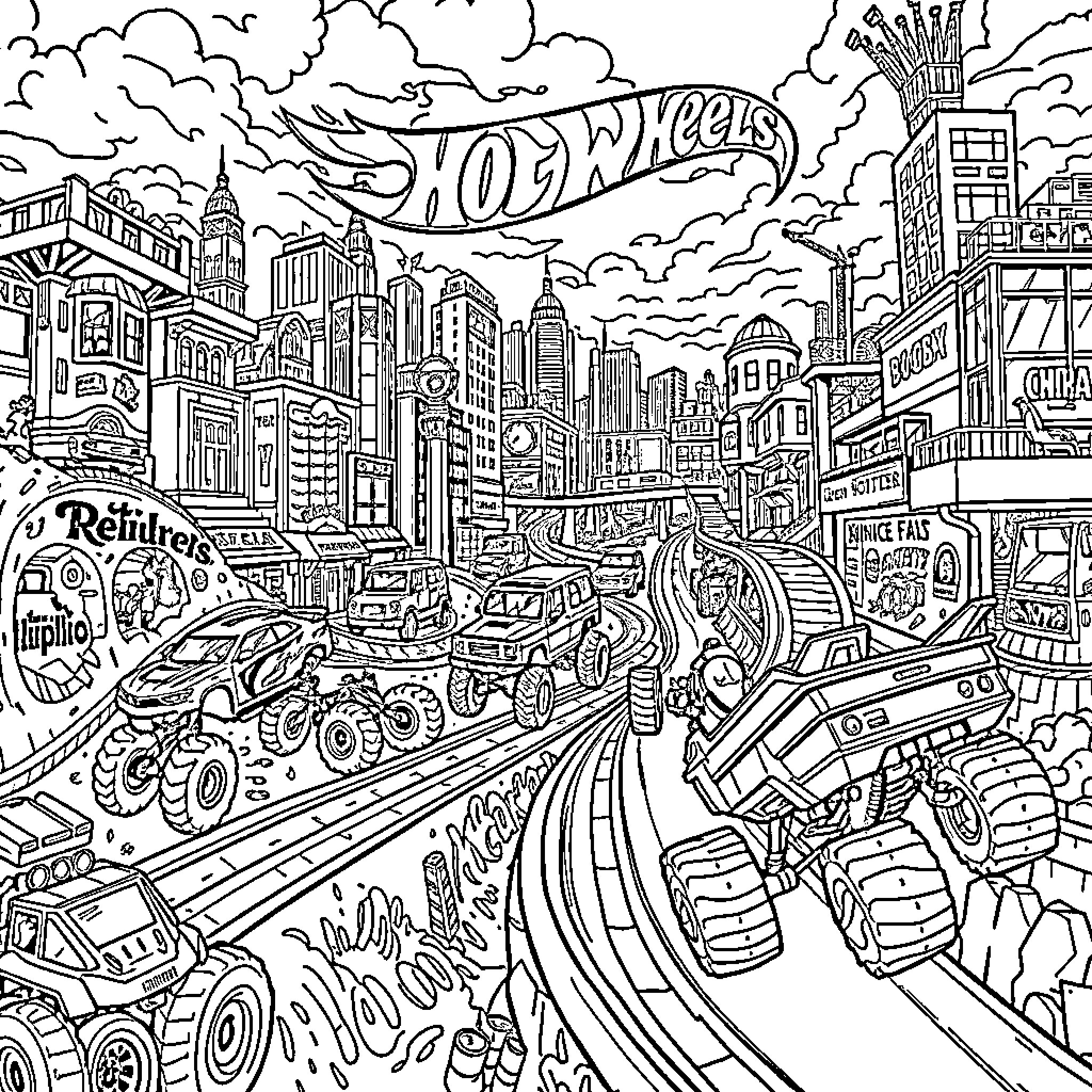 Hot Wheels racing through an urban cityscape Coloring Page (free black-and-white line drawing printable PDF for all, from beginners to advanced learners, including children, teens, adults, and seniors)