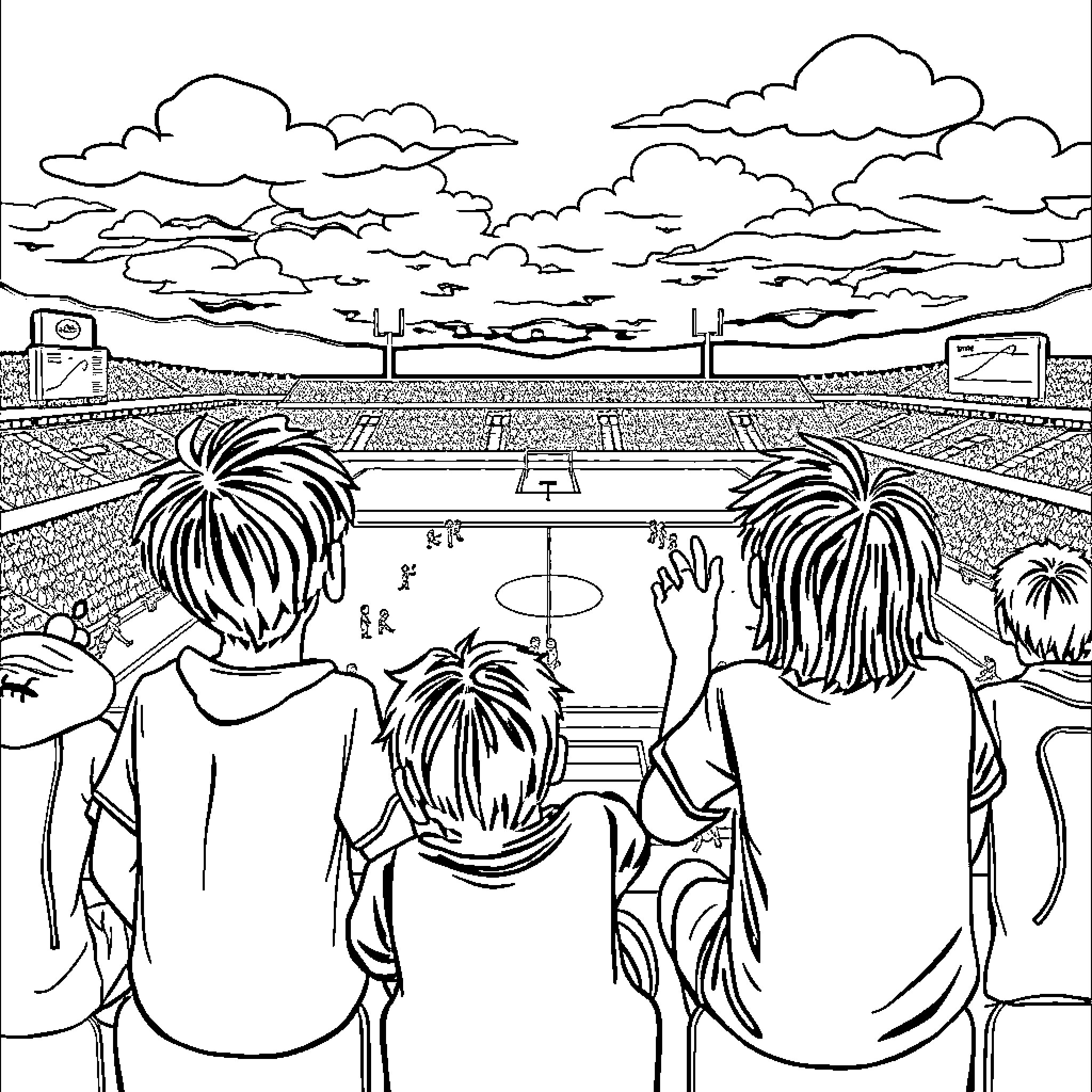 Kid Cheering at a Sports Event Coloring Page (free black-and-white line drawing printable PDF for all, from beginners to advanced learners, including children, teens, adults, and seniors)