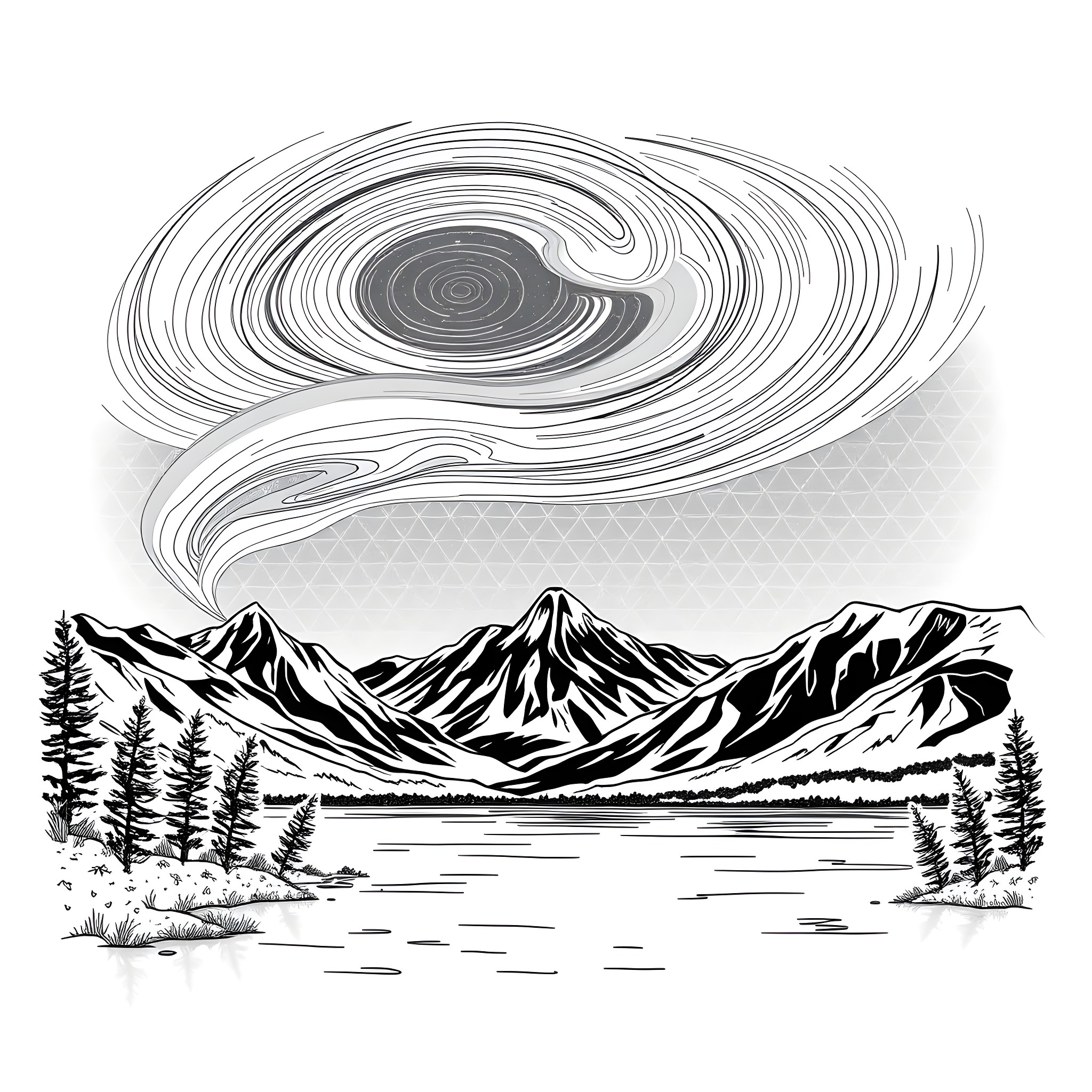 Aurora over the Majestic Mountains and Lake Coloring Page (free black-and-white line drawing printable PDF for all, from beginners to advanced learners, including children, teens, adults, and seniors)