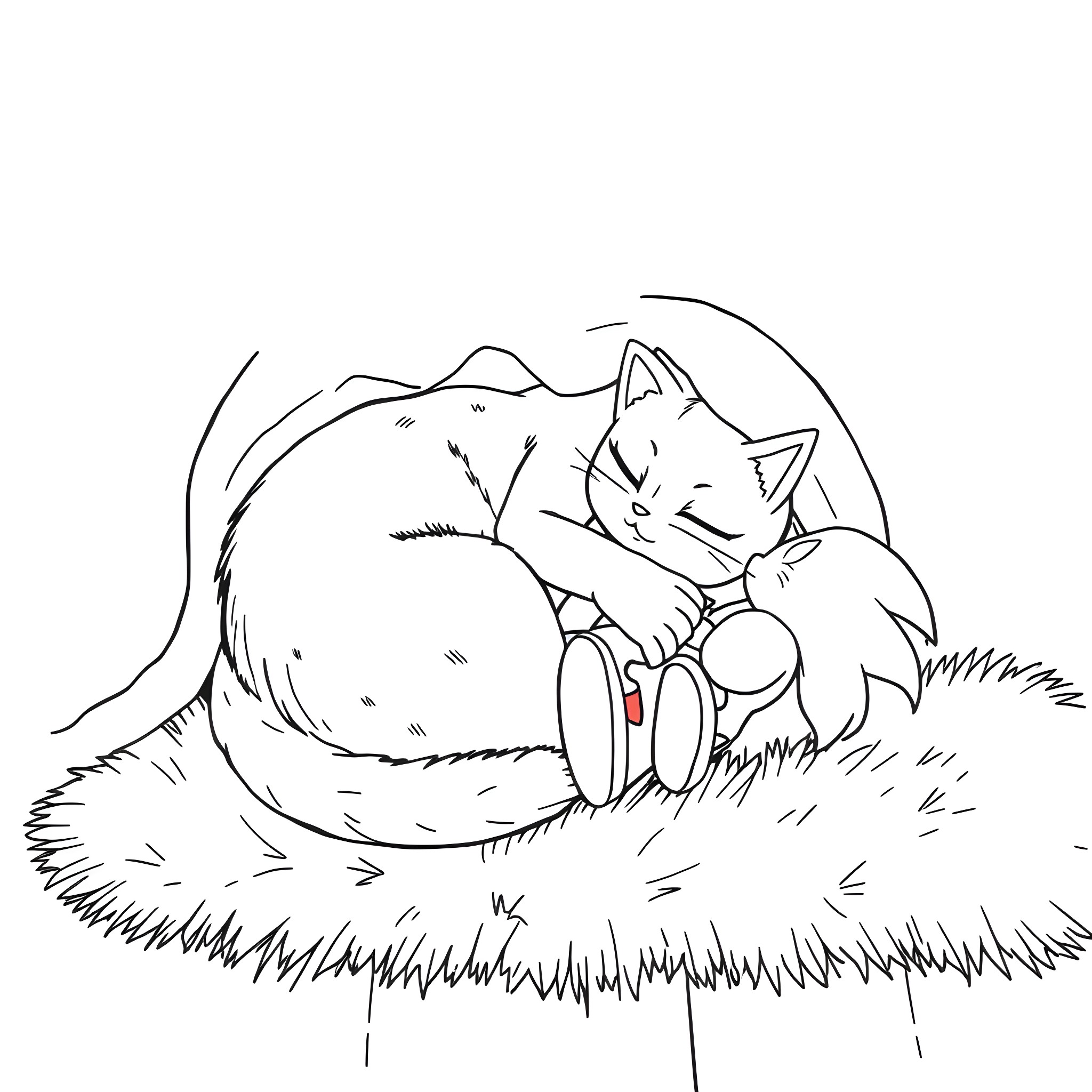 Cat napping peacefully on a grassy field Coloring Page (free black-and-white line drawing printable PDF for all, from beginners to advanced learners, including children, teens, adults, and seniors)