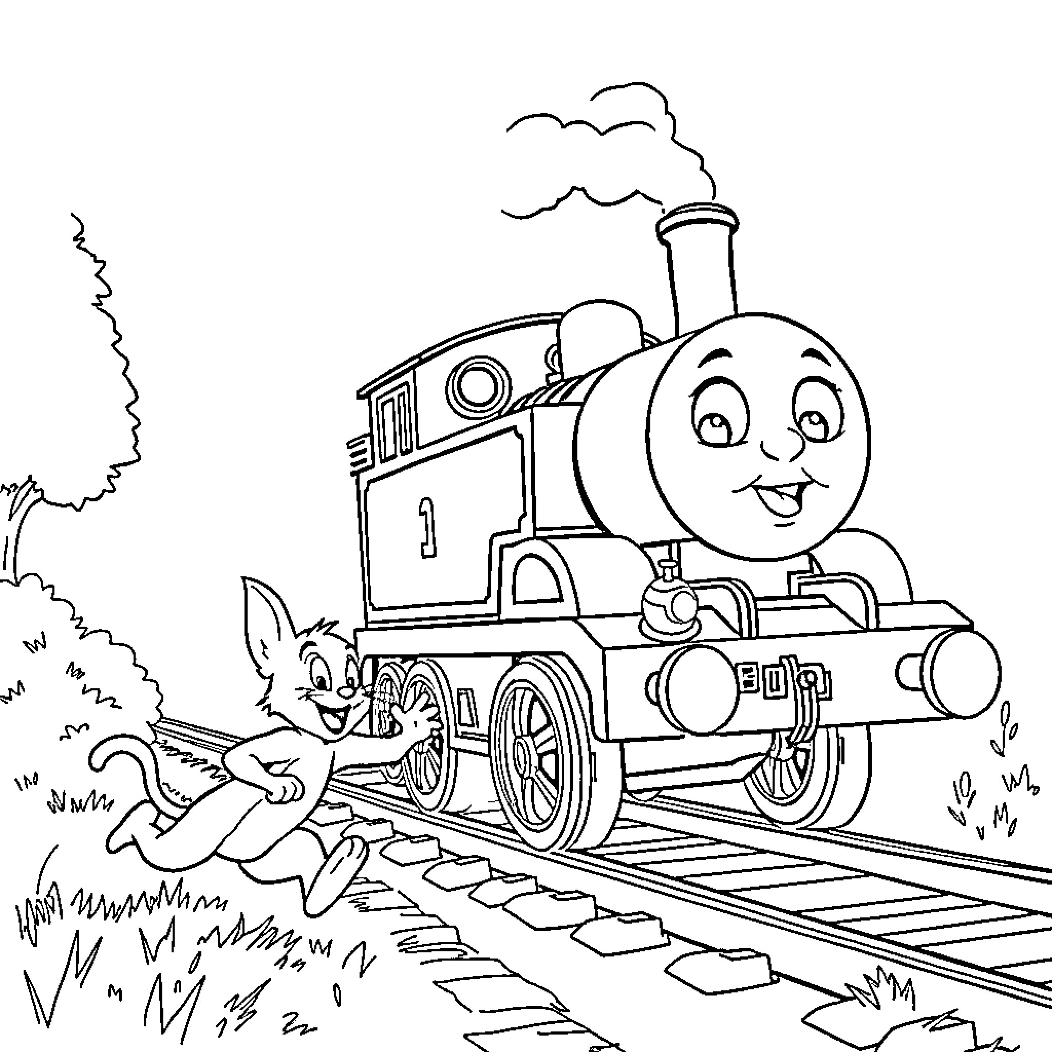 Thomas the Train chasing a mischievous dog on the tracks Coloring Page (free black-and-white line drawing printable PDF for all, from beginners to advanced learners, including children, teens, adults, and seniors)