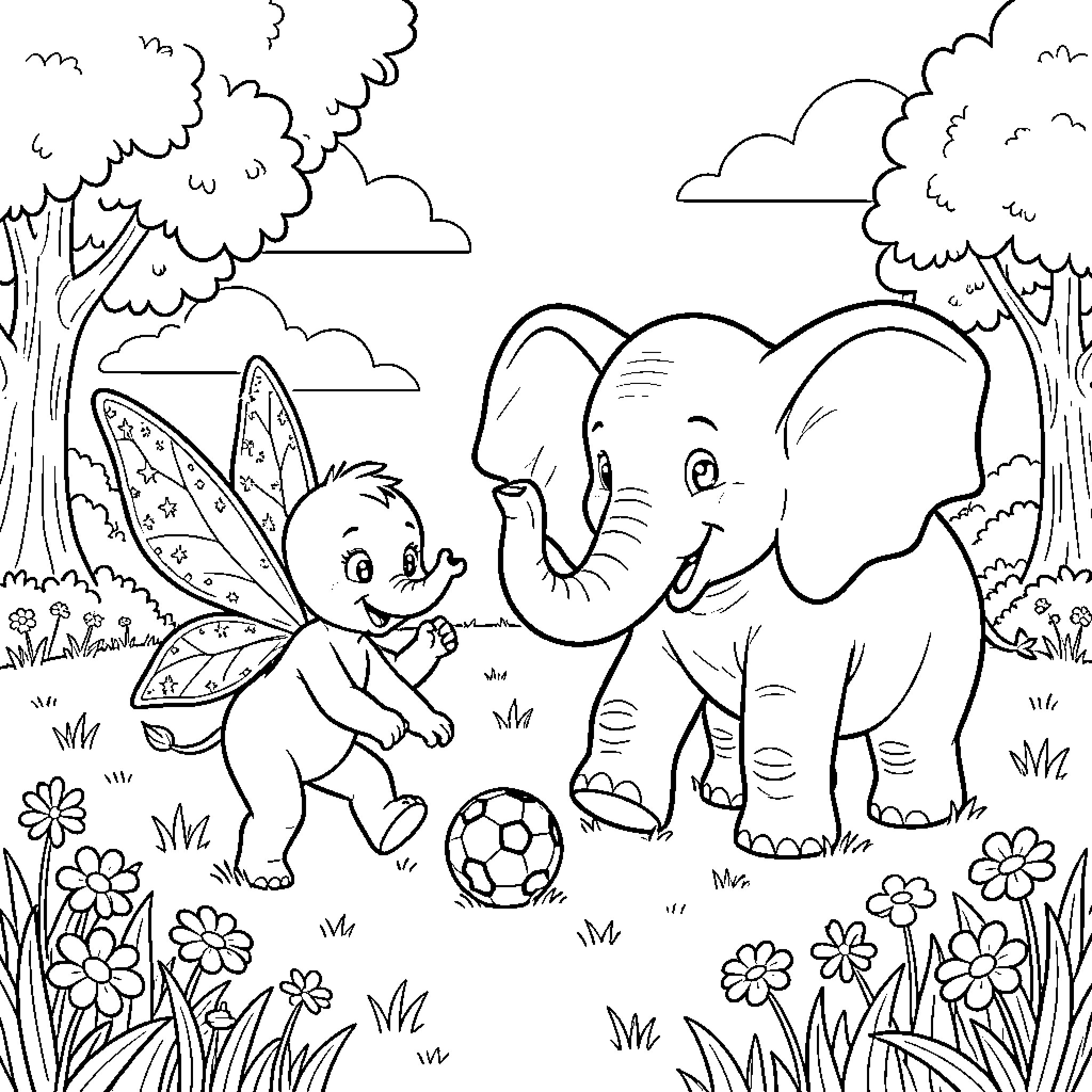 Fairy creatures at play in the forest Coloring Page (free black-and-white line drawing printable PDF for all, from beginners to advanced learners, including children, teens, adults, and seniors)