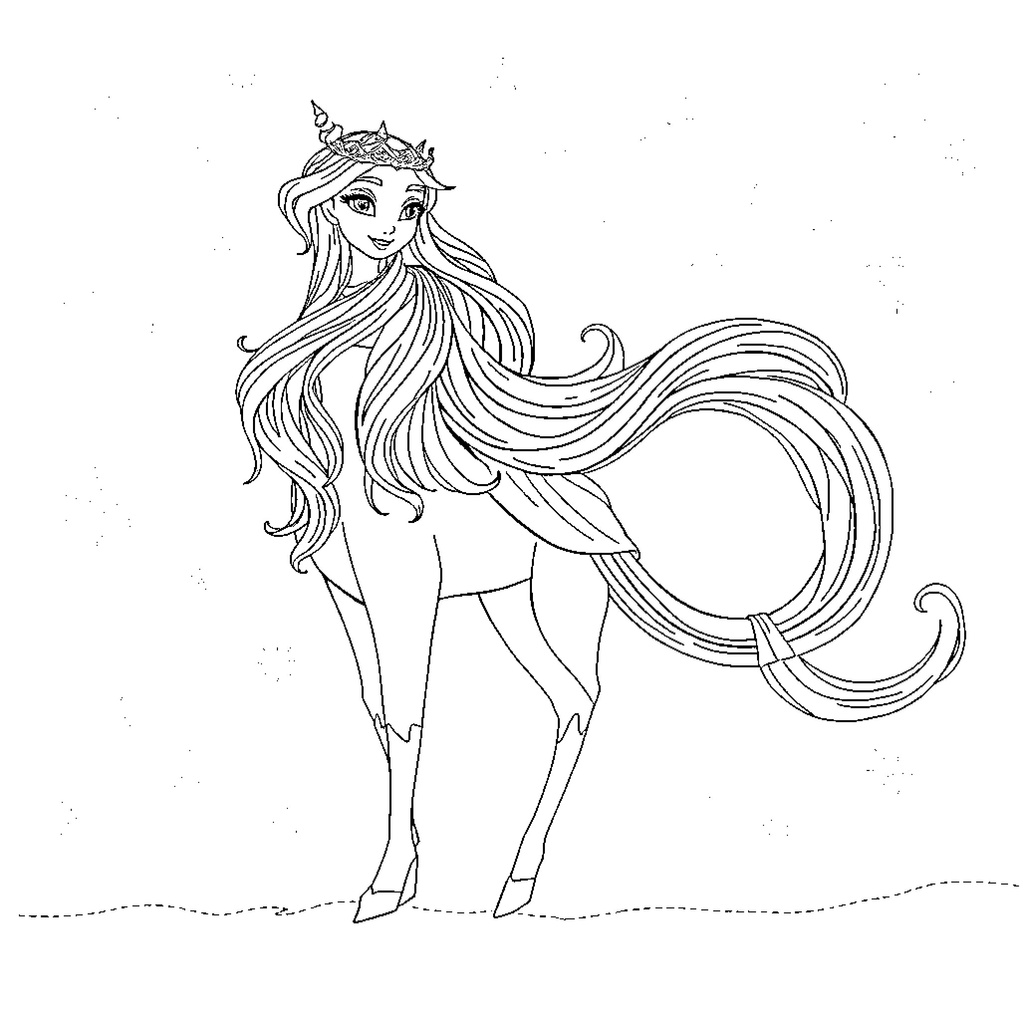 Reine des Neiges: Elegant Winter Princess in Flowing Gown Coloring Page (free black-and-white line drawing printable PDF for all, from beginners to advanced learners, including children, teens, adults, and seniors)