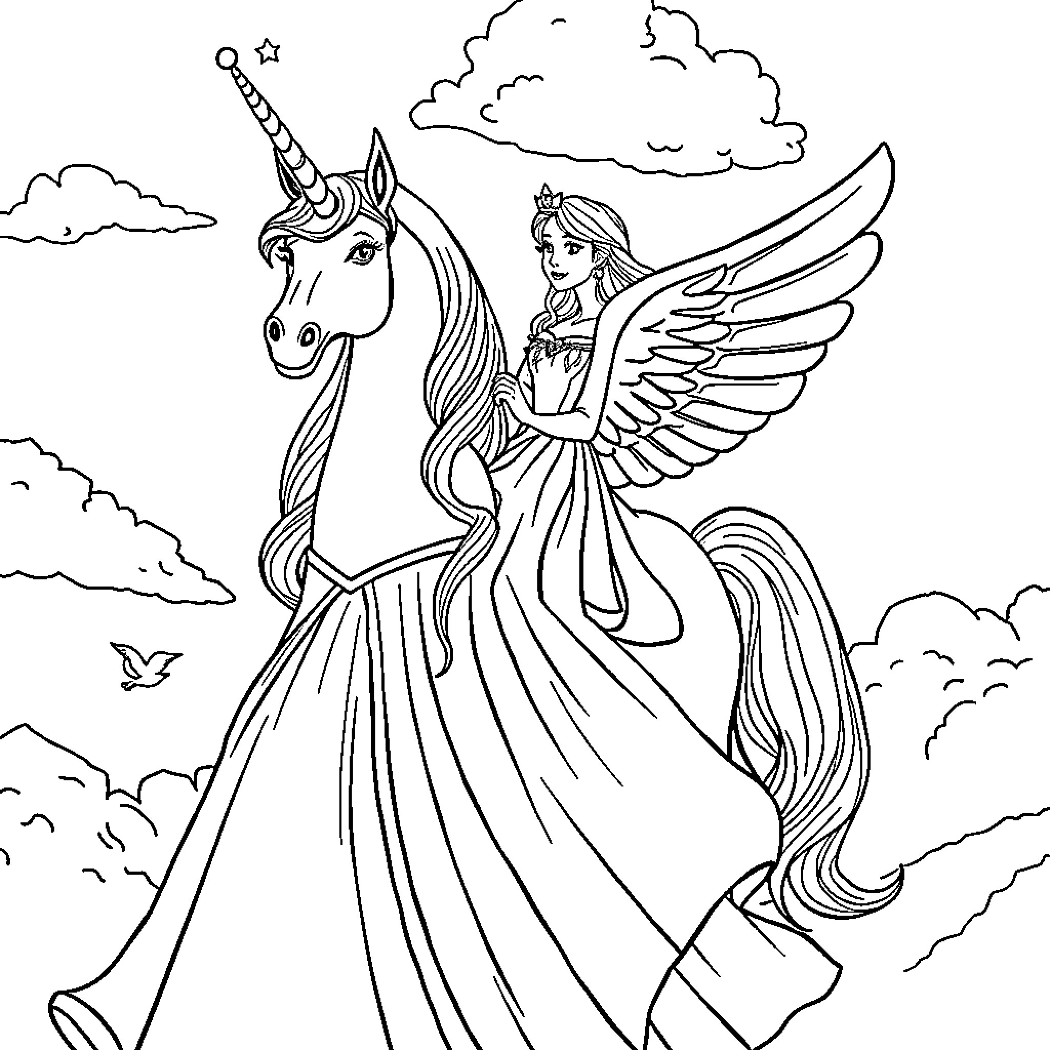 Princess Riding Majestic Unicorn with Angelic Wings Coloring Page (free black-and-white line drawing printable PDF for all, from beginners to advanced learners, including children, teens, adults, and seniors)