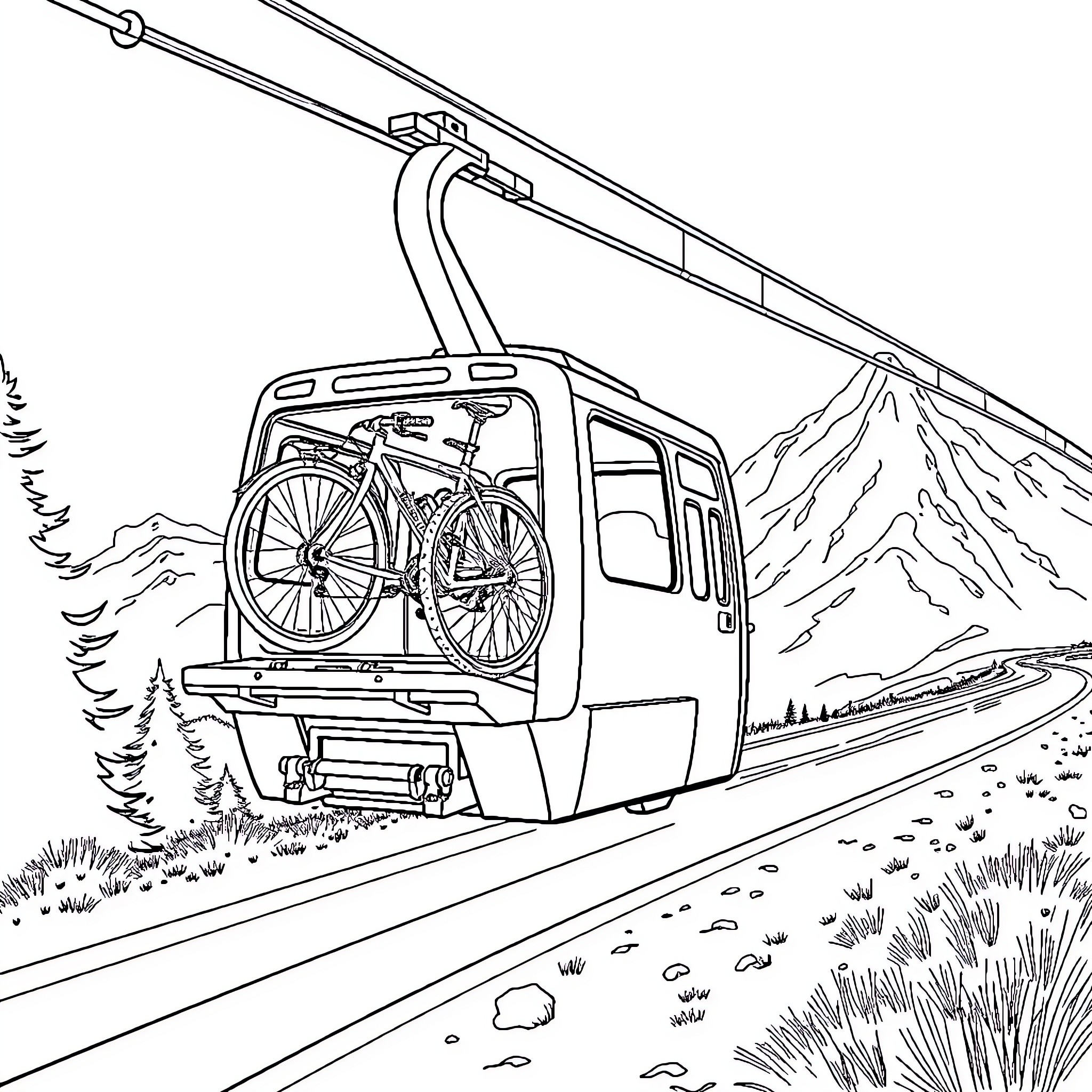 Ski Lift Transporting Bicycles Up the Mountain Coloring Page (free black-and-white line drawing printable PDF for all, from beginners to advanced learners, including children, teens, adults, and seniors)