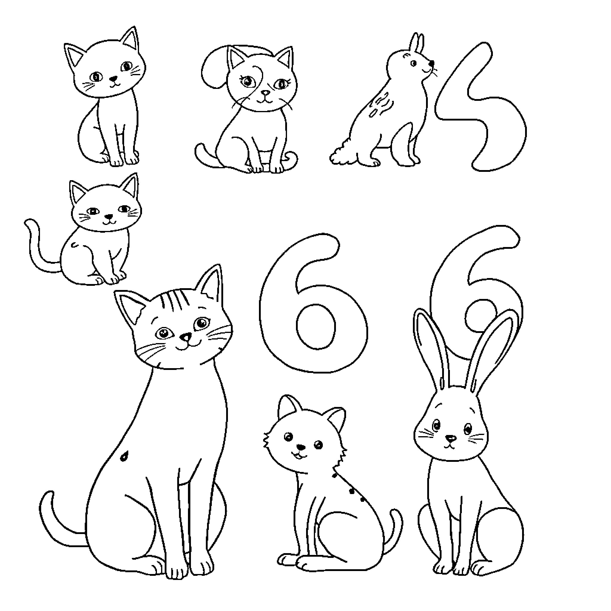 Number 6 Cute Animal Sketches Coloring Page (free black-and-white line drawing printable PDF for all, from beginners to advanced learners, including children, teens, adults, and seniors)