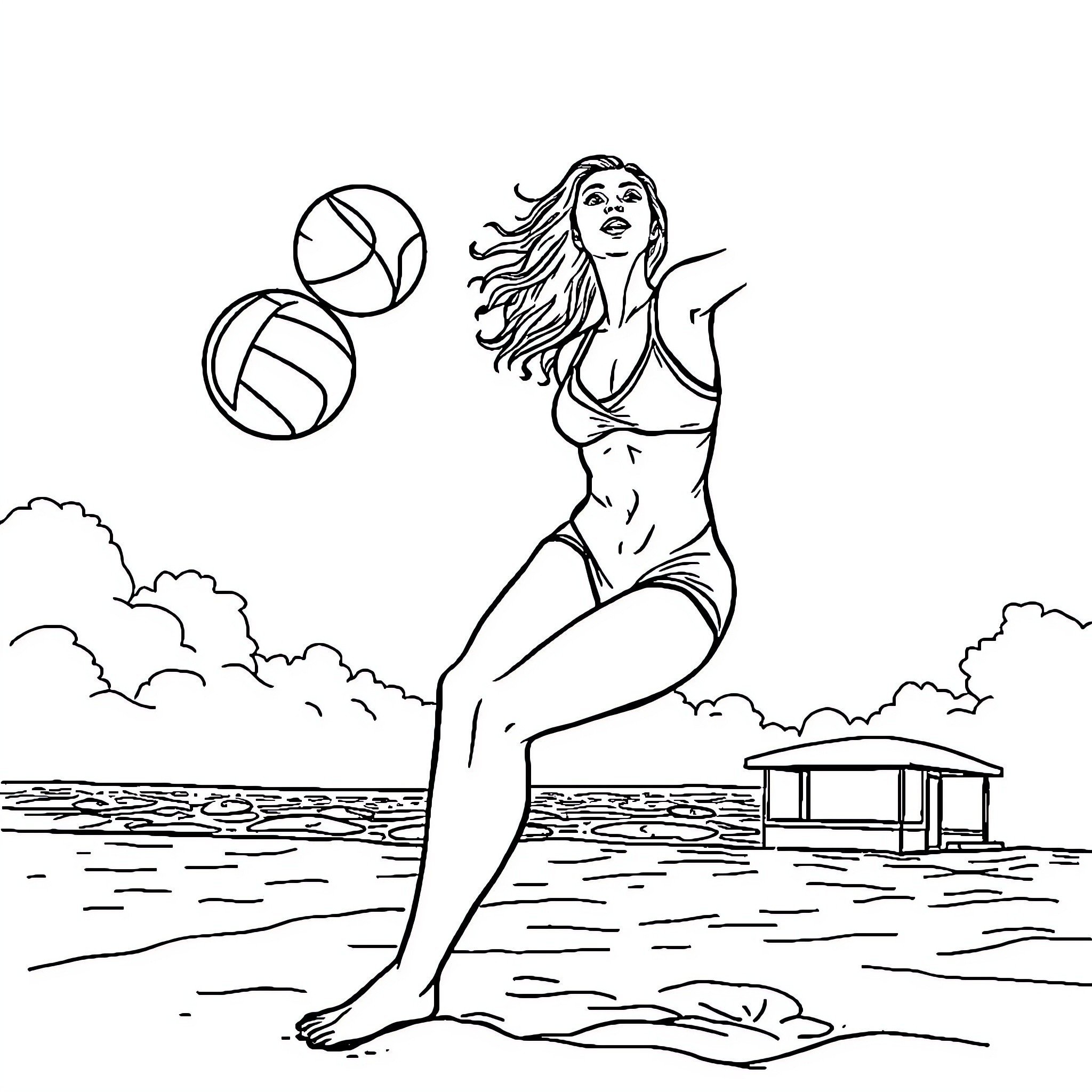 Woman playing with beach balls near the ocean Coloring Page (free black-and-white line drawing printable PDF for all, from beginners to advanced learners, including children, teens, adults, and seniors)