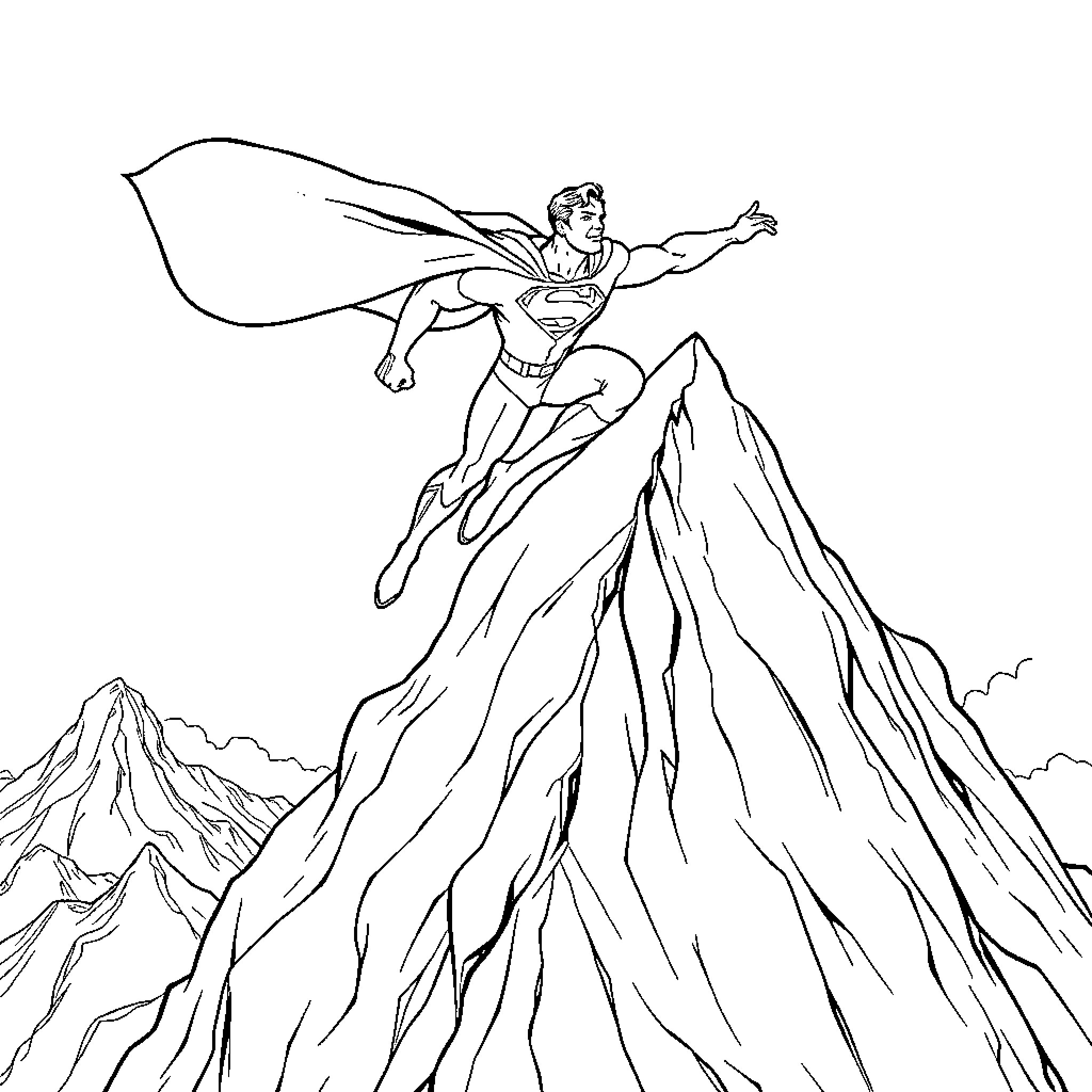 Superman soaring over majestic mountains Coloring Page (free black-and-white line drawing printable PDF for all, from beginners to advanced learners, including children, teens, adults, and seniors)