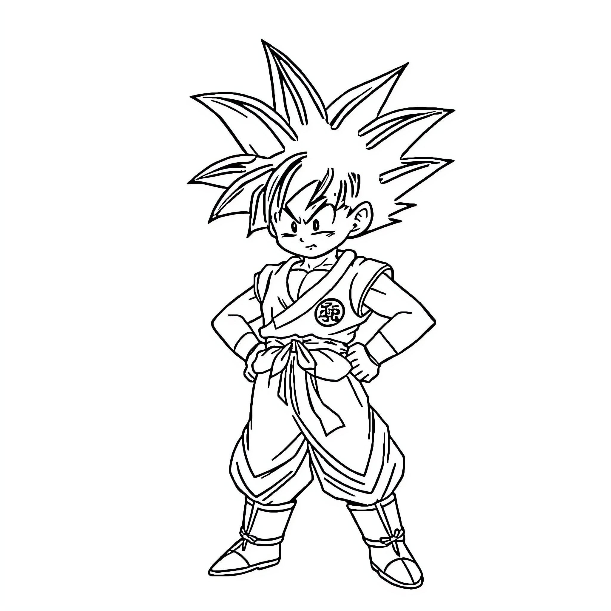 Goku in fighting stance with determined expression Coloring Page (free black-and-white line drawing printable PDF for all, from beginners to advanced learners, including children, teens, adults, and seniors)