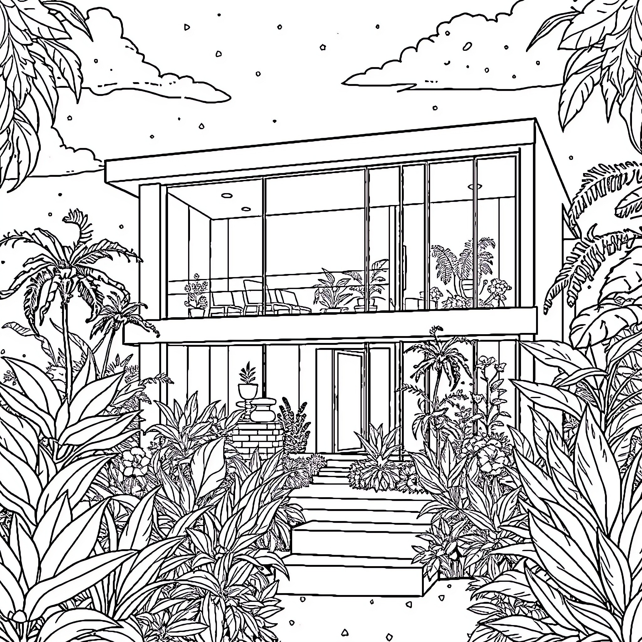 House in a tropical garden setting Coloring Page (free black-and-white line drawing printable PDF for all, from beginners to advanced learners, including children, teens, adults, and seniors)