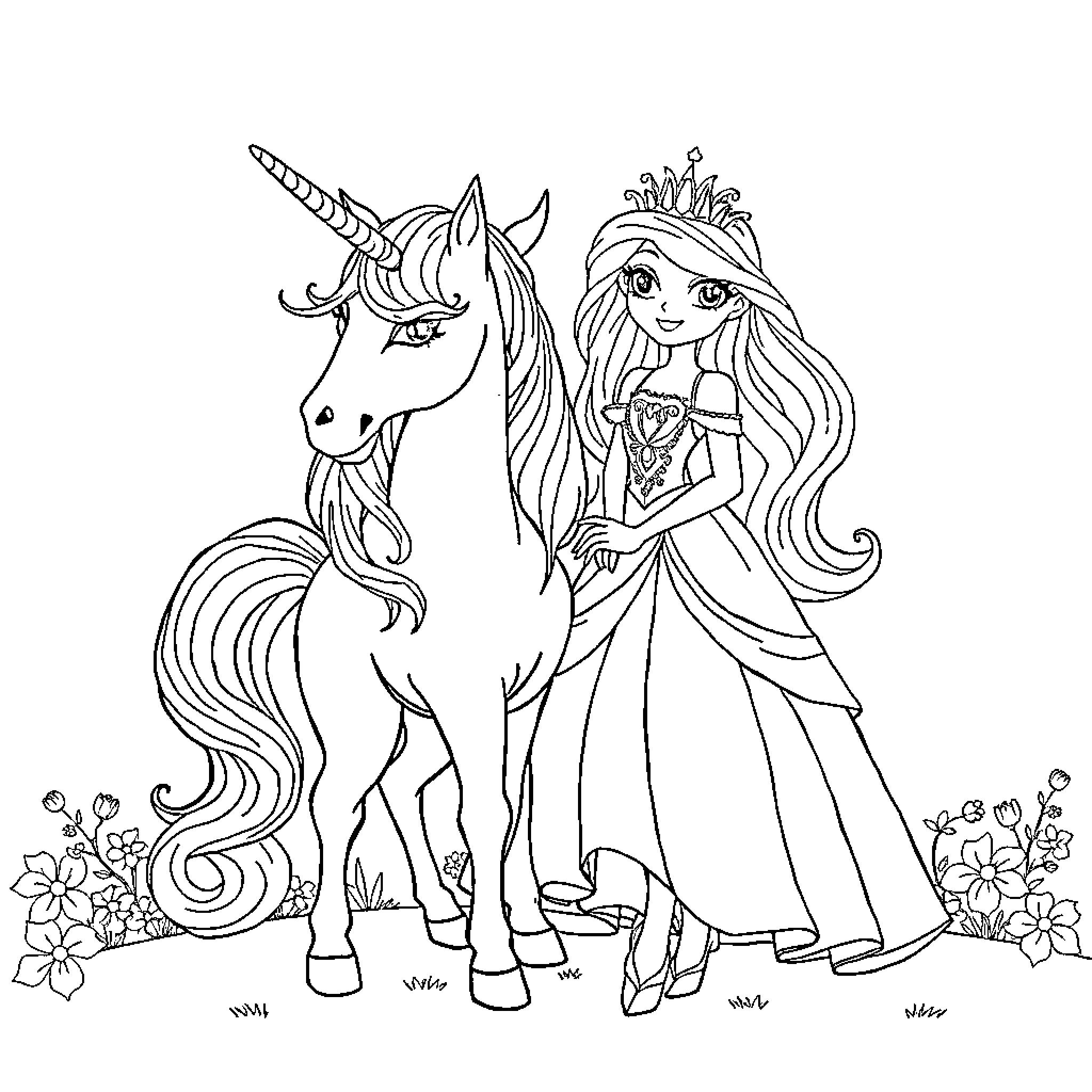 Unicorn and Princess in Fantasy Scene Coloring Page (free black-and-white line drawing printable PDF for all, from beginners to advanced learners, including children, teens, adults, and seniors)
