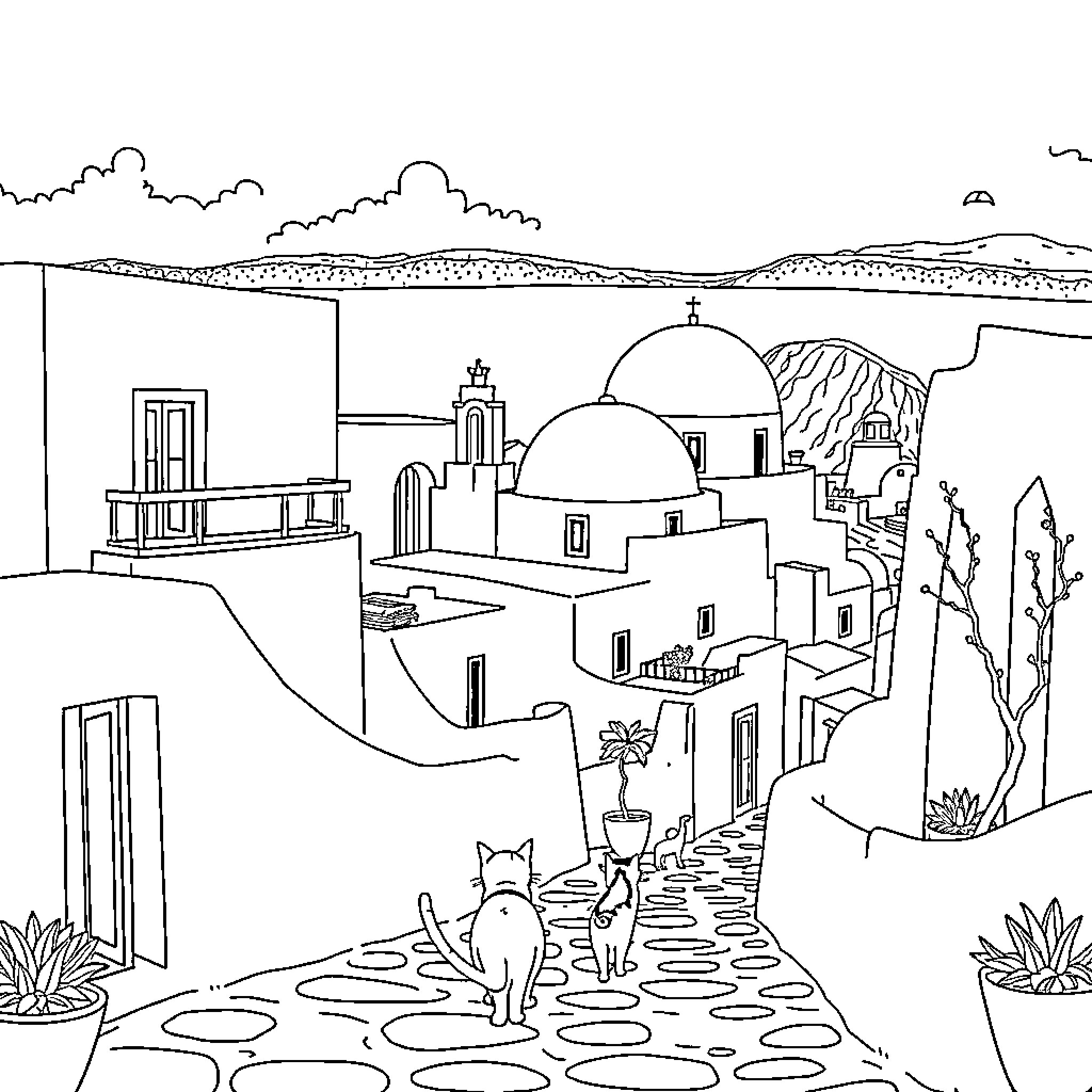 Cat exploring quaint Mediterranean village Coloring Page (free black-and-white line drawing printable PDF for all, from beginners to advanced learners, including children, teens, adults, and seniors)