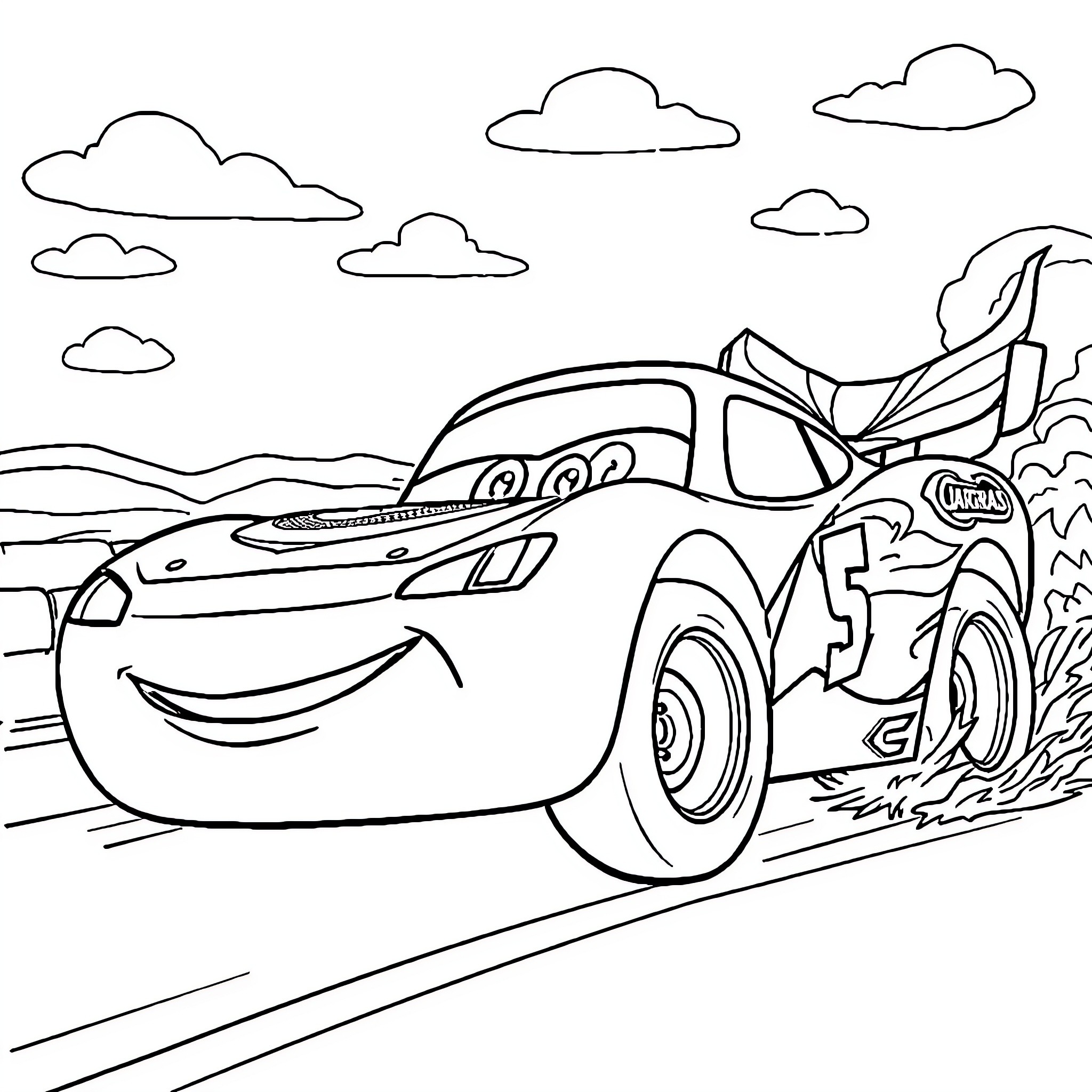 Macqueen racing through the countryside Coloring Page (free black-and-white line drawing printable PDF for all, from beginners to advanced learners, including children, teens, adults, and seniors)